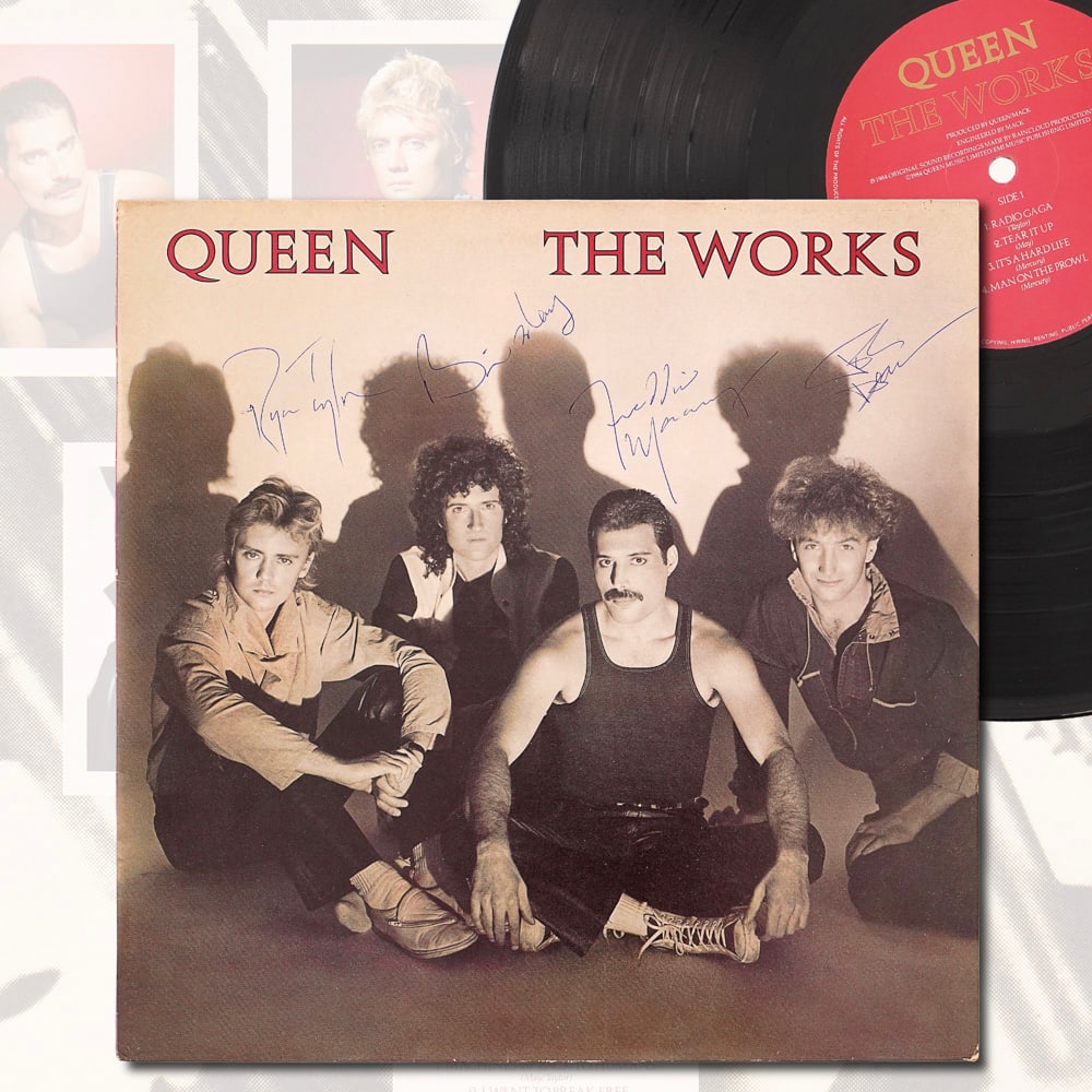 QUEEN FULLY SIGNED "THE WORKS" LP: 12 1/4 x 12 1/4 Provenance and Authentication: This collectible has undergone a rigorous forensic evaluation. The signatures were carefully analyzed across multiple criteria, including ink deposition,