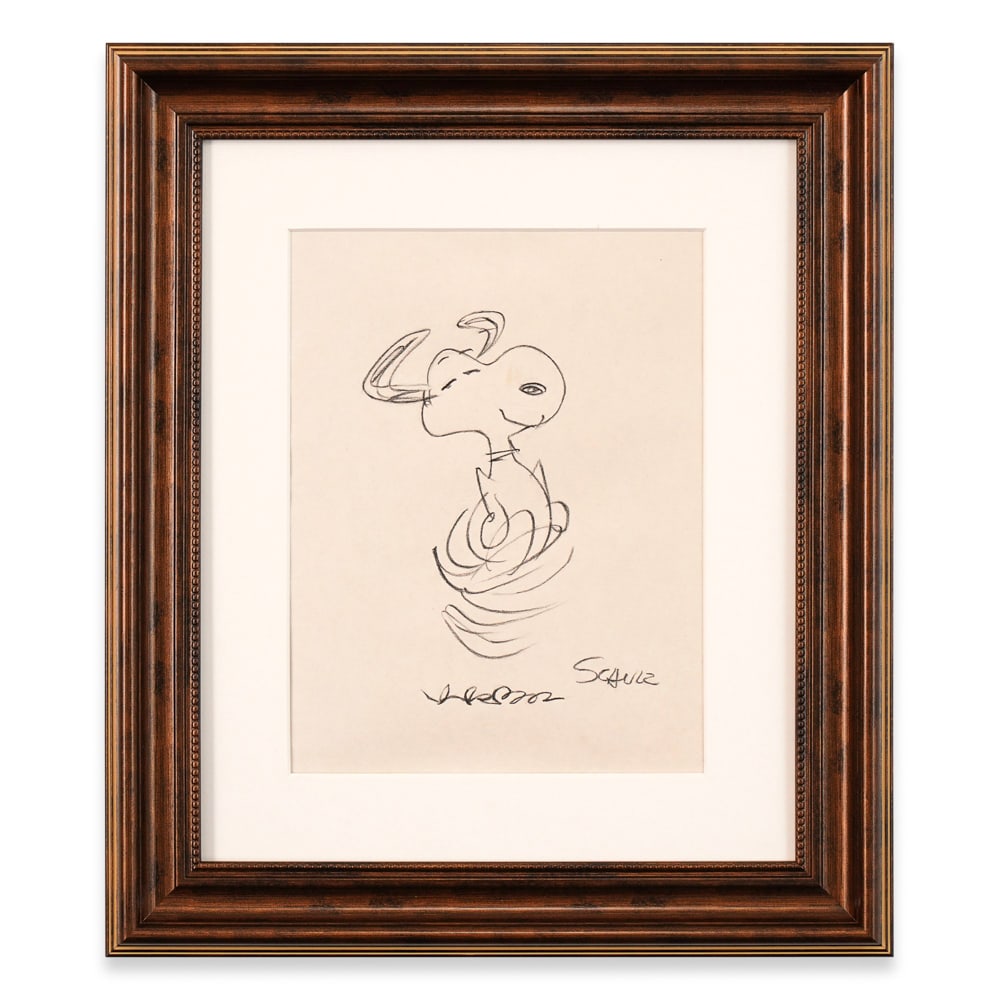 CHARLES SCHULZ DRAWN AND SIGNED SNOOPY DANCING SKETCH: Image Dimensions: 8 1/4 x 10 7/8 in (20.9 x 27.5 cm) Framed Dimensions: 18 1/4 x 15 3/4 in (46.5 x 40 cm) Provenance and Authentication: This collectible has undergone a rigorous forensic