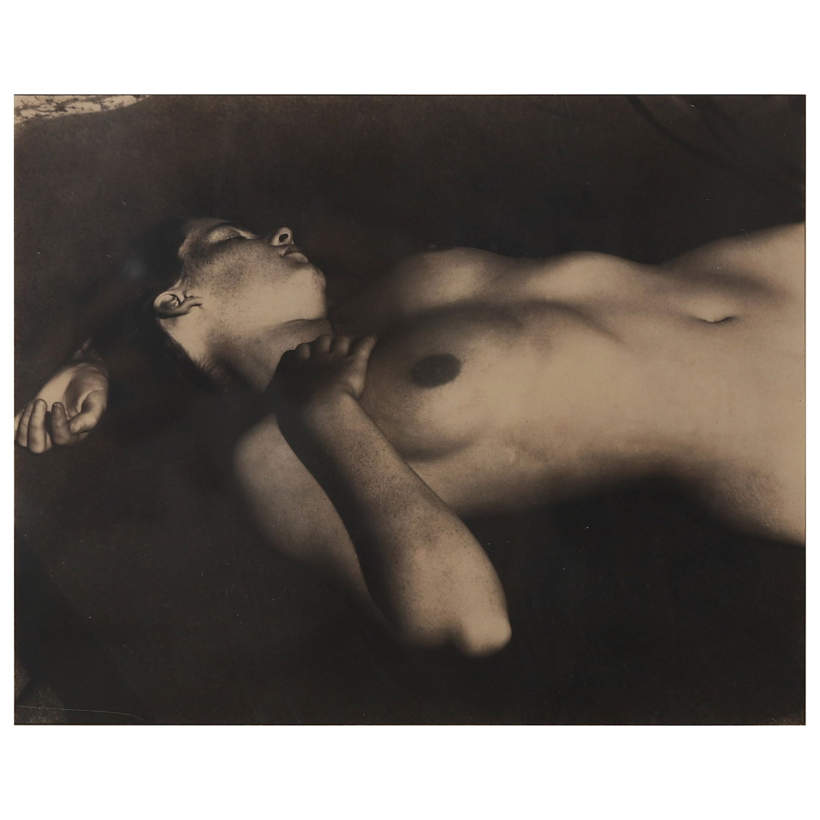 EDWARD WESTON (1886–1958)NUDE, CIRCA 1930: Description Artist: EDWARD WESTON (1886–1958) Title: Nude Period: Circa 1930 Materials: Gelatin silver print, mounted on board Signature: Inscribed in pencil "Edward Weston" (lower right, on recto