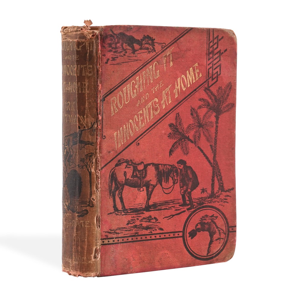MARK TWAIN SIGNED "ROUGHING IT AND THE INNOCENTS AT HOME": Image Dimensions: 7 5/8 x 5 1/8 in (19.3 x 13 cm) Provenance and authentication: This collectible has undergone a rigorous forensic evaluation. The signatures were carefully analyzed across multiple