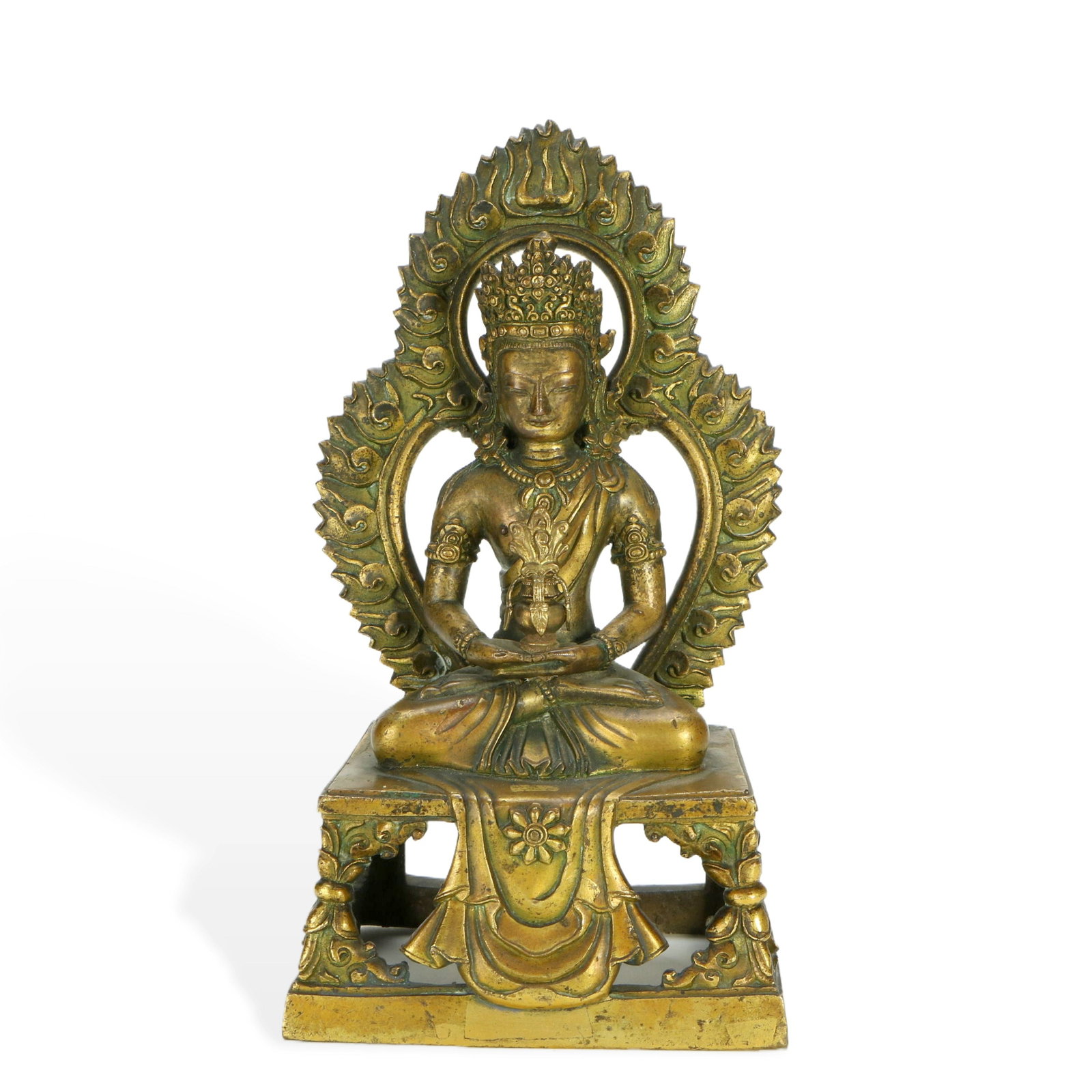 Gilt - bronze Seated Buddha Figure with Backlight: H:20.5cm W:11cm This is a gilt - bronze seated Buddha figure with an exquisite backlight. The Buddha sits cross - legged on a pedestal, wearing a gorgeous crown and adorned with ornaments such as