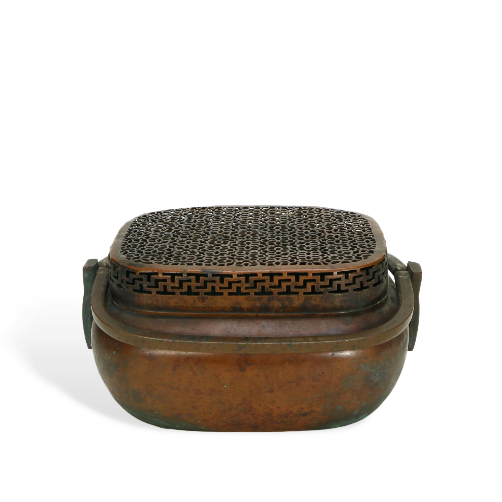 Copper Hand Warmer with Openwork Lid: H:9cm W:17cm This copper hand warmer with openwork lid is made of copper. The overall shape is regular, square, and designed for hand - holding to keep warm. The lid of the stove adopts openwork