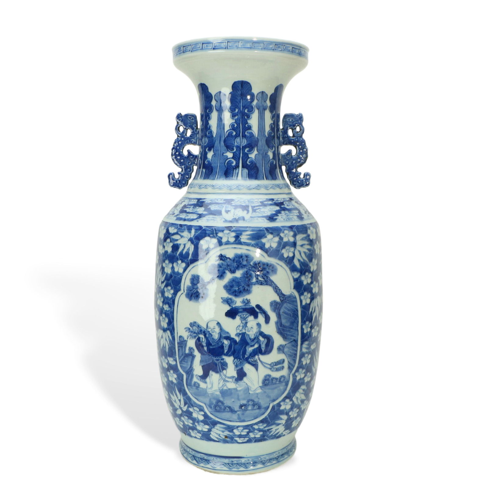 Blue - and - white Vase with Figure Story Patterns and Chi - shaped Handles: H:64cm W:26cm This is a blue - and - white vase with figure story patterns and Chi - shaped handles. The vase has a beautiful shape, with Chi - shaped handles decorated on both sides, and the