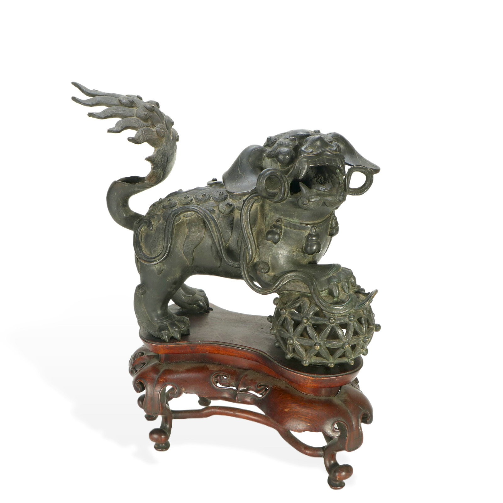 Bronze Lion Playing with Ball Ornament (with Wooden Stand) (1 of 7)