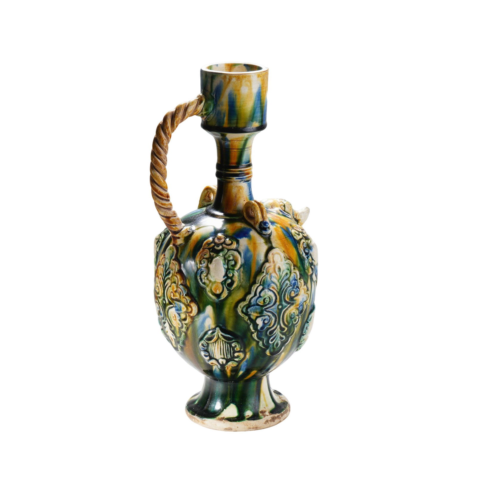 A SANCAI-GLAZED EWER WITH APPLIQUÉ DECORATION AND TWISTED ROPE HANDLE, TANG DYNASTY: H?32cm W:15cm This lot is a Sancai-glazed ewer from the Tang Dynasty, fired at the Gongxian Kiln. It is made from kaolin clay and covered in a vibrant blend of yellow, green, and blue glazes, which