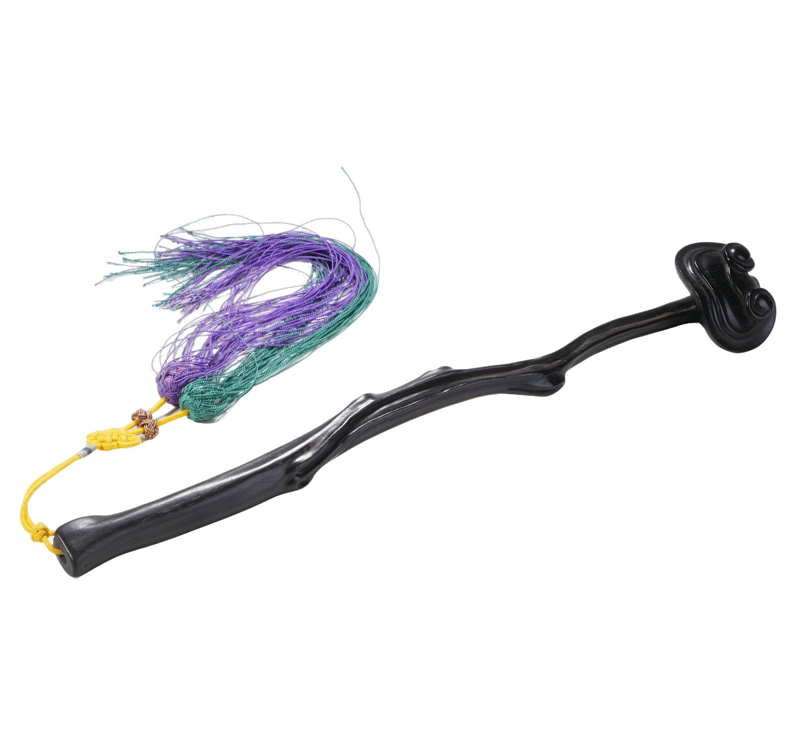 A ROSEWOOD RUYI CARVED IN ITS NATURAL FORM, QING DYNASTY: H?28cm W:4.5cm This lot is a Qing Dynasty rosewood ruyi, carved from a single piece of high-density old rosewood in its natural form, with a deep black, lustrous patina. It retains the original