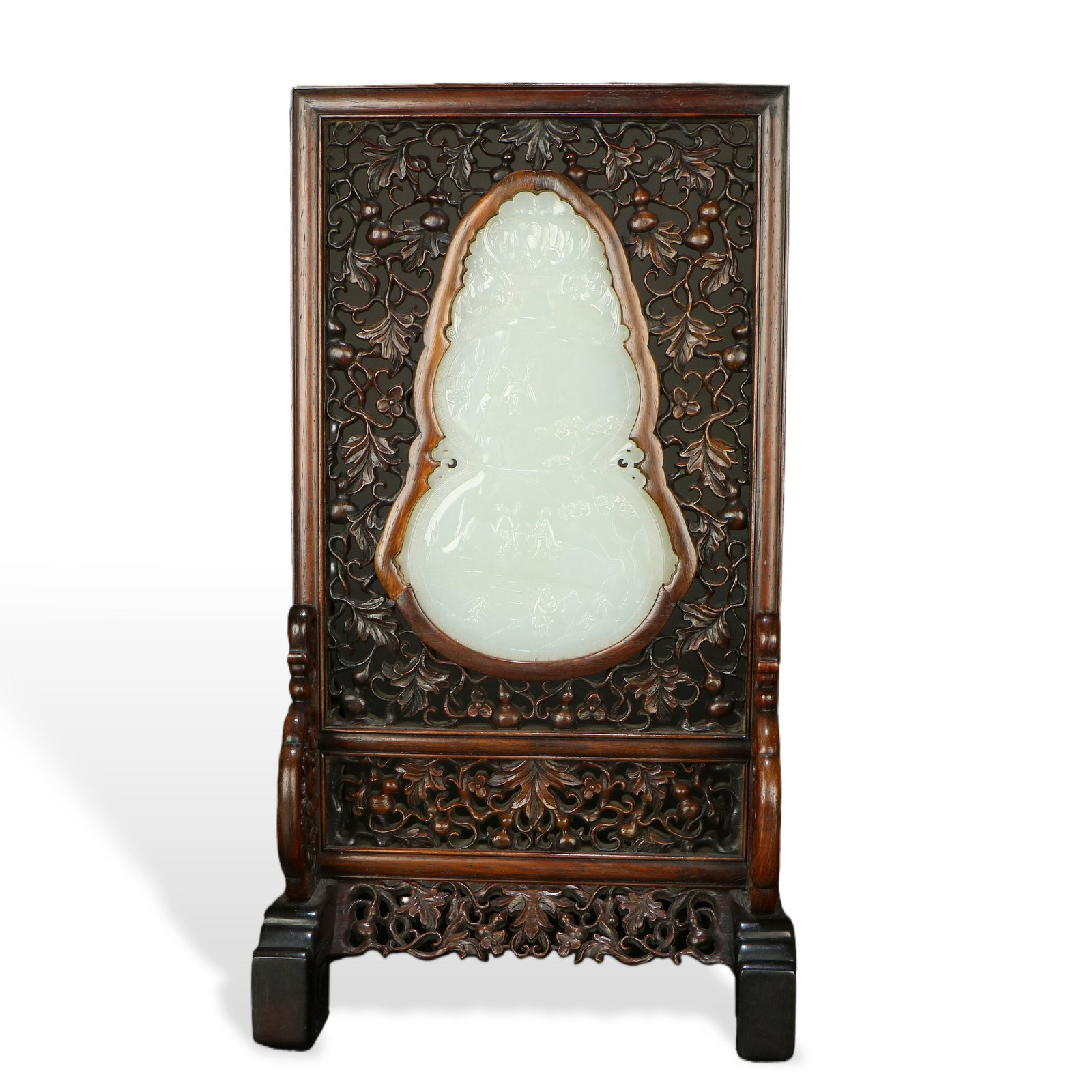 Redwood Table Screen Inlaid with Hetian Jade in Gourd Shape (1 of 8)