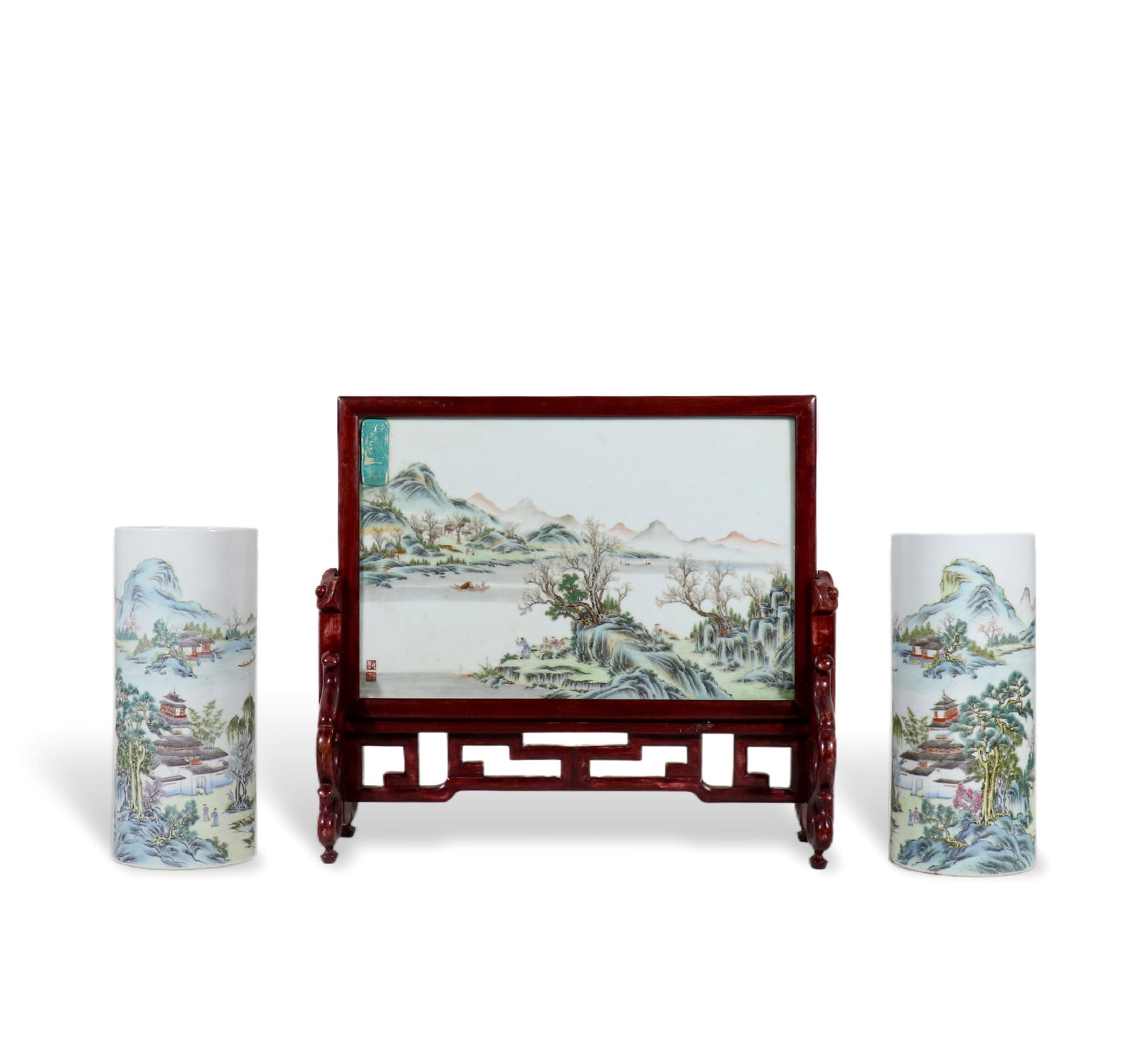 Set of Famille - rose Porcelain Plaque Table Screen with Landscape Patterns and Hat Stands (1 of 15)