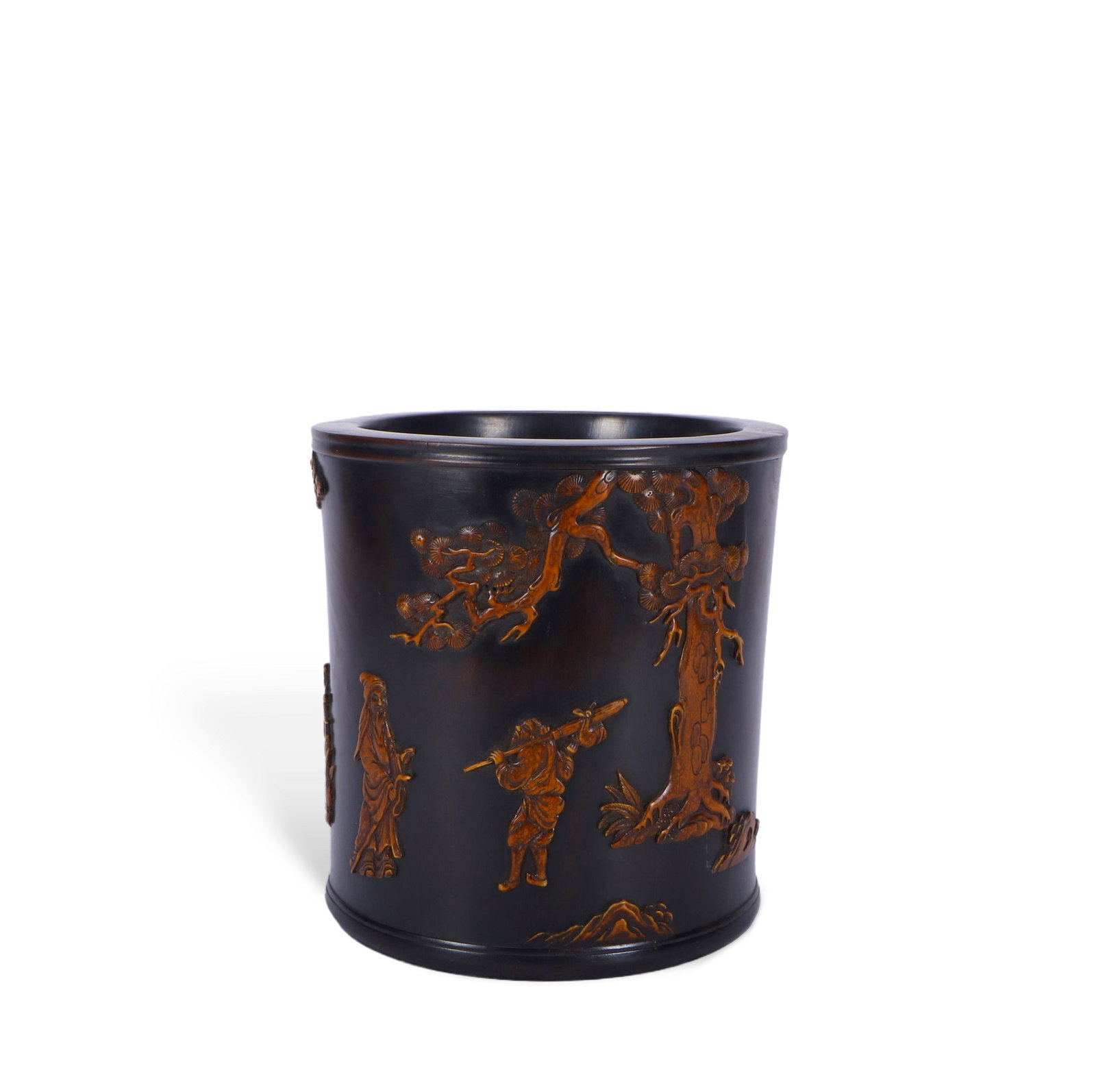 A Fine Qing Zitan Brush Pot with Boxwood Inlay of a Scholar Visiting a Friend (1 of 6)