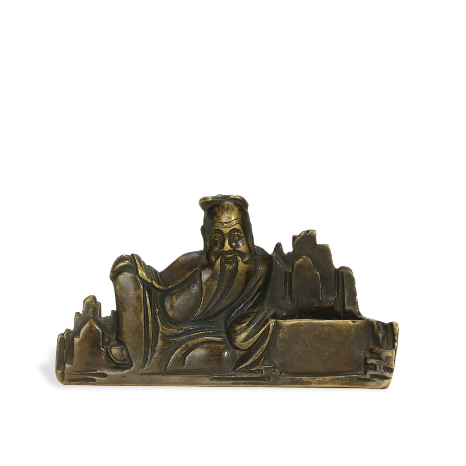 Copper Brush Licker with Figure and Landscape Patterns: H:6.5cm W:11.5cm This copper brush licker with figure and landscape patterns is made of copper, with thick patina and simple color. The body of the utensil is carved with figures and landscape