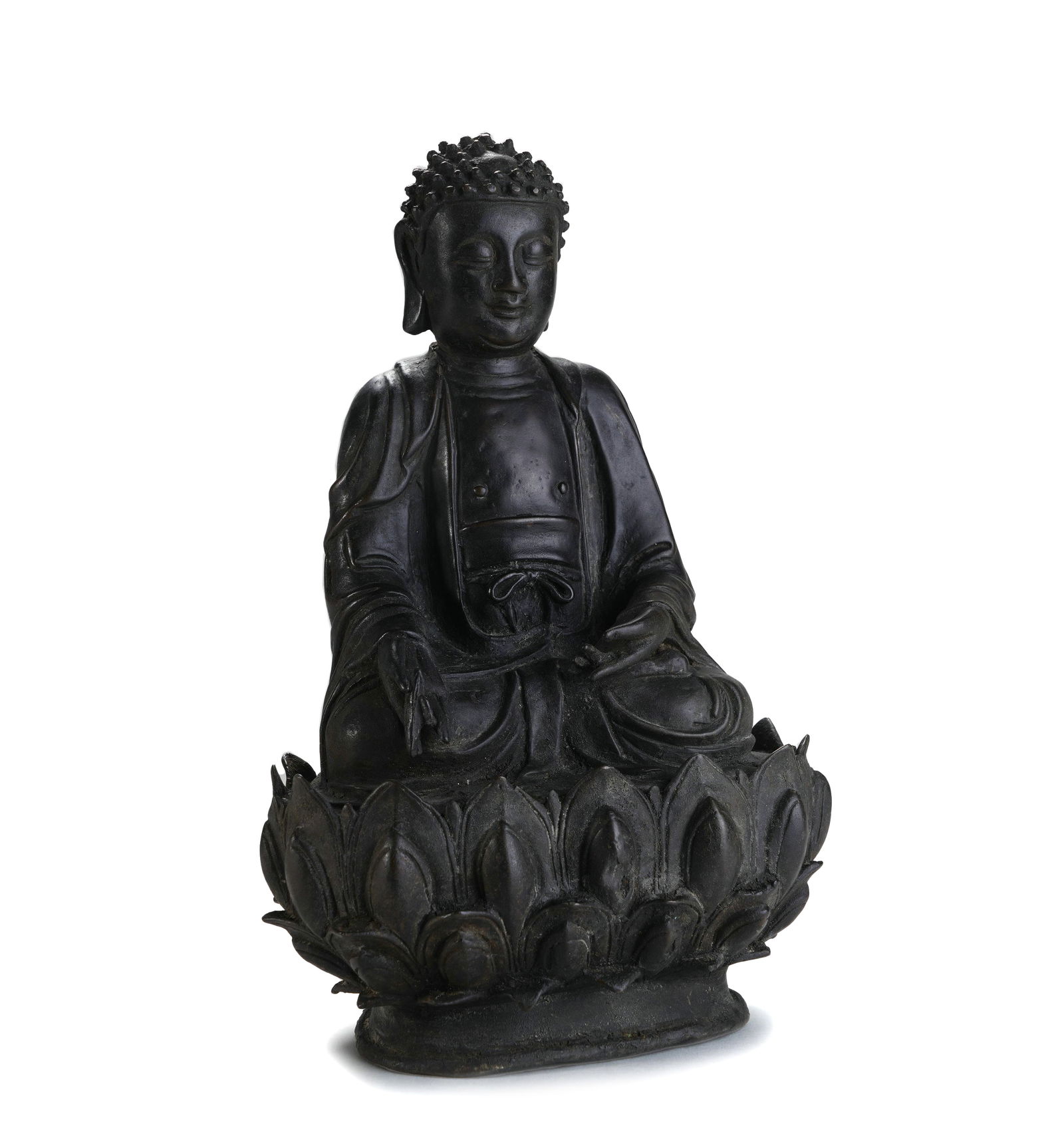 Bronze Seated Statue of Sakyamuni Buddha: H:23cm W:15cm This bronze seated statue of Sakyamuni Buddha is made of copper. The Buddha statue sits cross - legged on a lotus seat, with a serene face and tranquil expression, wearing a kasaya. The