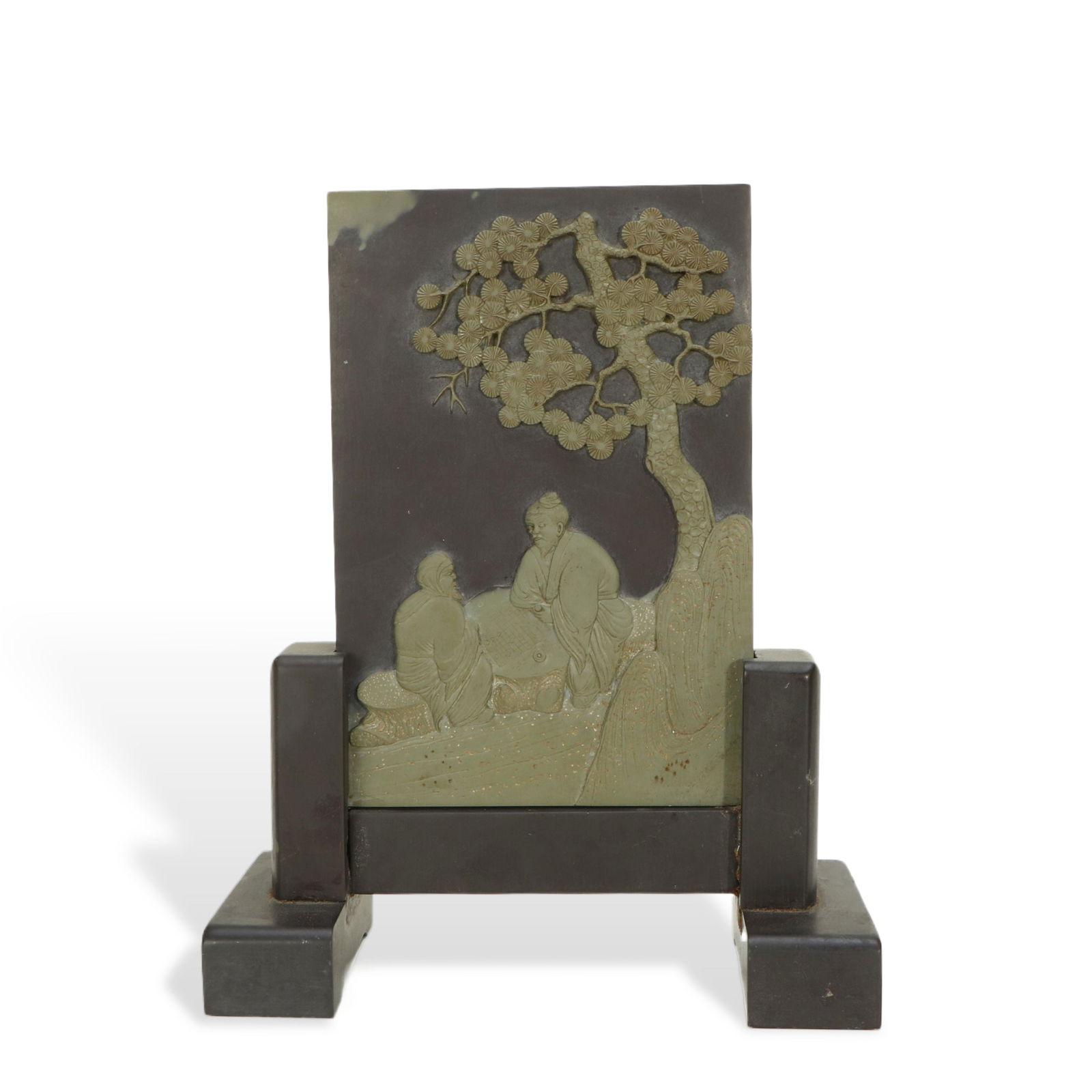 Qiyang Stone Table Screen with Figure and Story Patterns: H:25cm W:24cm This Qiyang stone table screen with figure and story patterns is made of Qiyang stone, which has warm and delicate texture and distinct color contrast. The front of the table screen is c