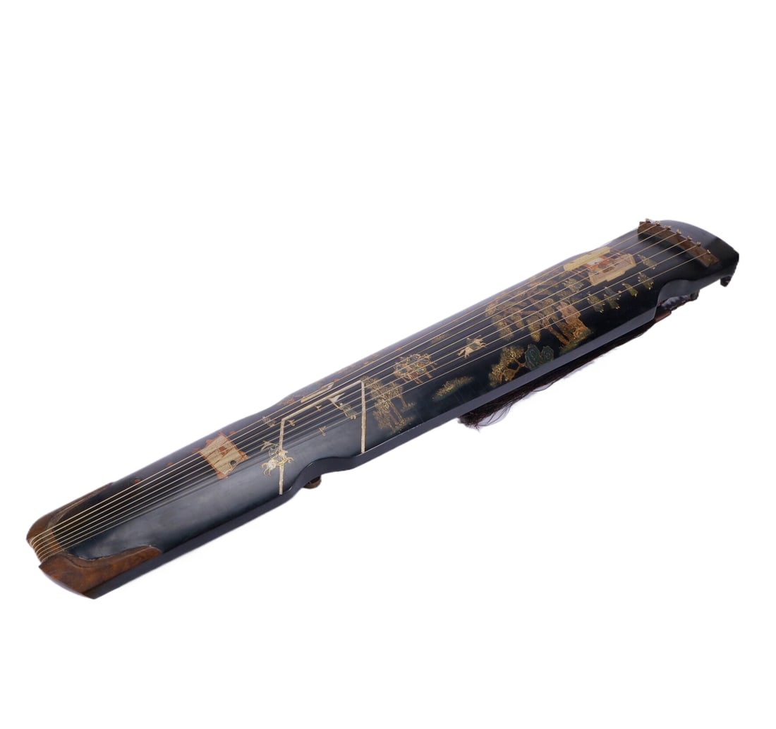 A Fine Qing Black Lacquer Guqin with Gilt and Polychrome Figural Decoration (1 of 8)
