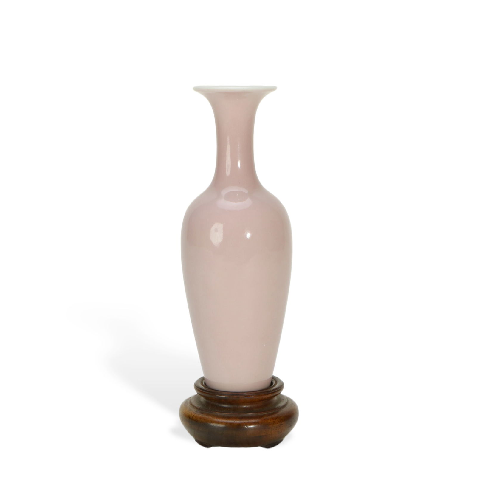 Pink - green Glazed Long - necked Vase (with Redwood Stand): H:15.5cm W:5cm This is a pink - green glazed long - necked vase, equipped with a redwood stand. The vase has a slender and beautiful shape, smooth lines and delicate body. It is covered with pink -