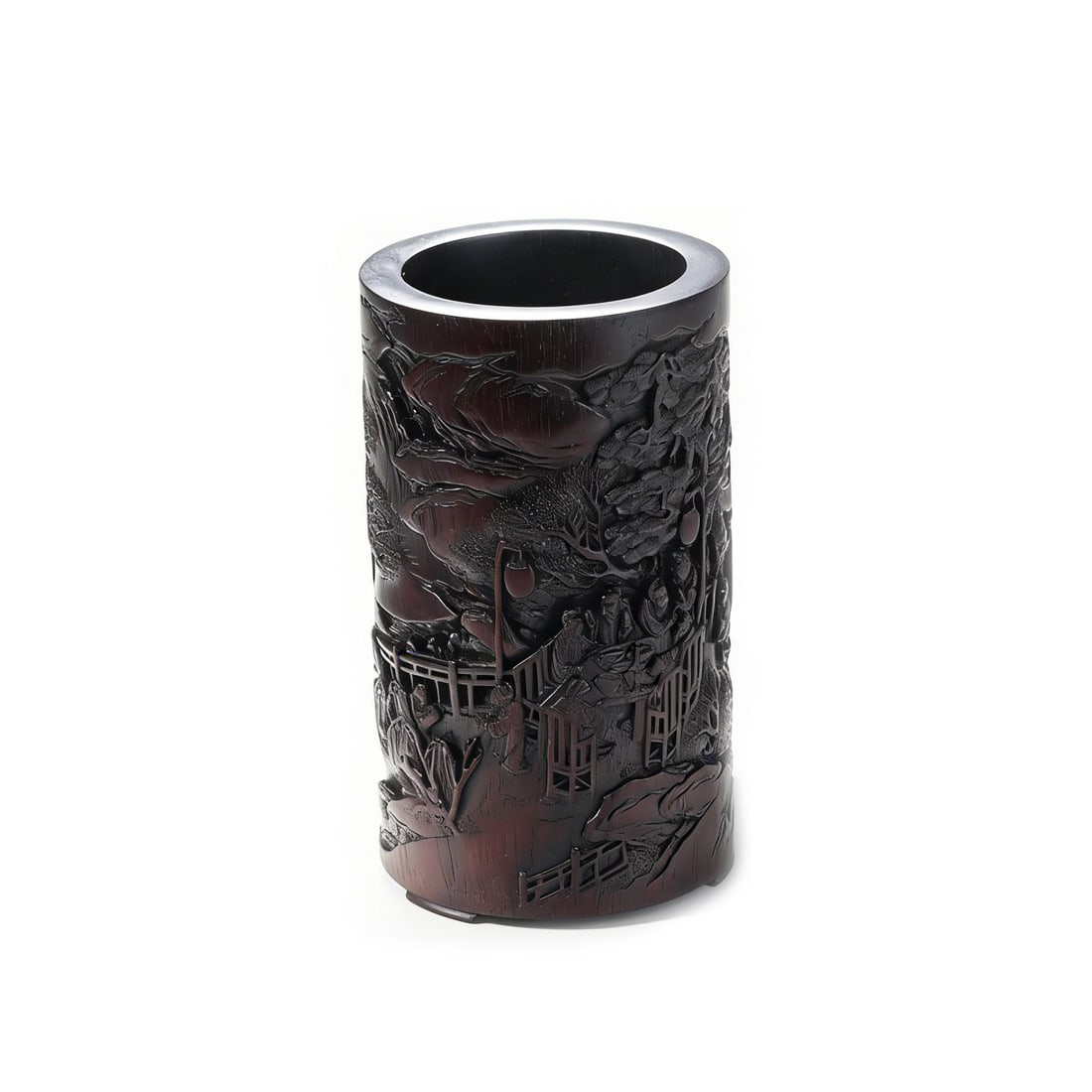 A ROSEWOOD BRUSH POT CARVED WITH LANDSCAPE AND PAVILION DESIGN, QING DYNASTY (1 of 10)