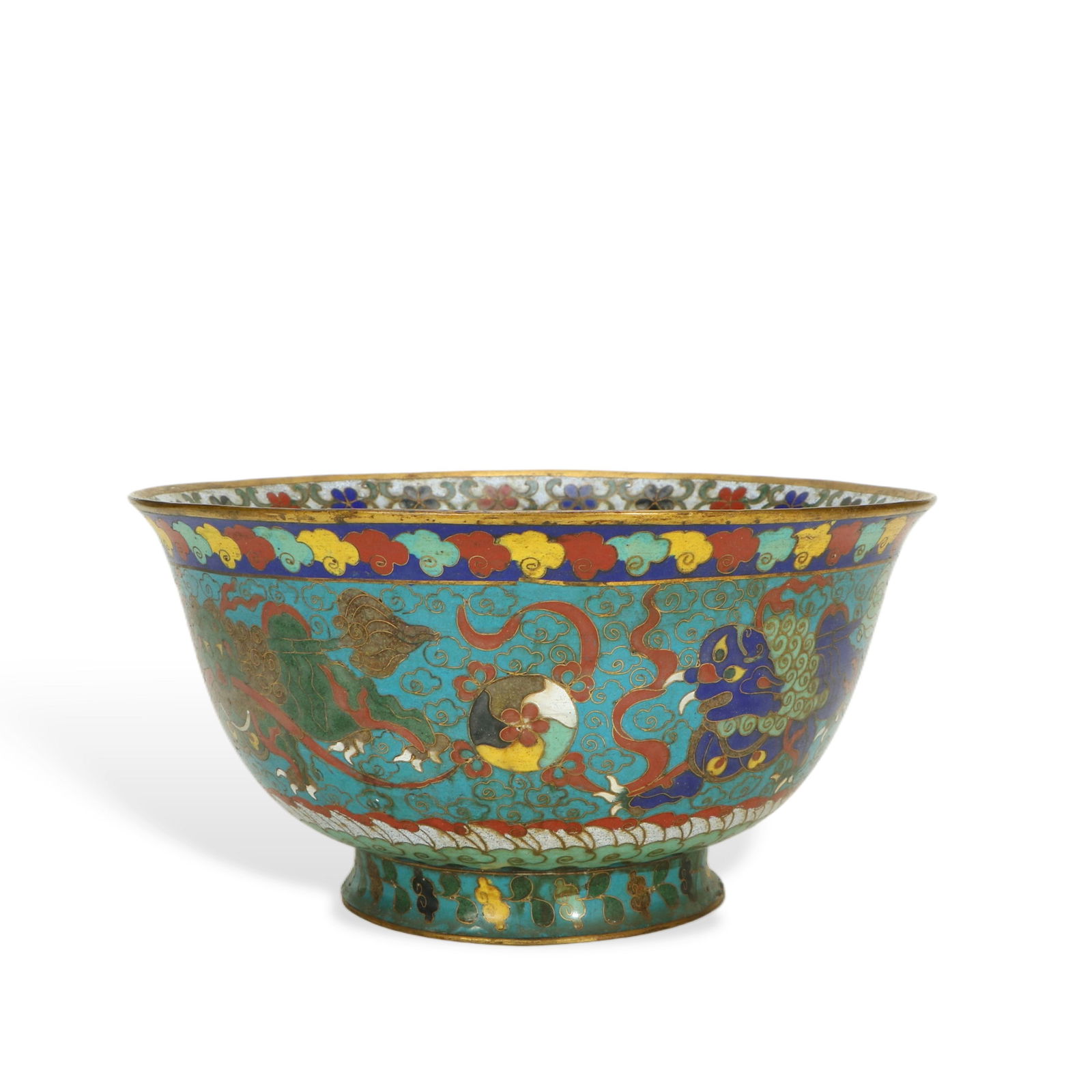 Cloisonné Enamel Bowl with Lion Patterns on Copper Body: H:13cm W:15cm This cloisonné enamel bowl with lion patterns on copper body is made using cloisonné enamel technique with copper as the body. The body of the bowl takes blue as the ground and is