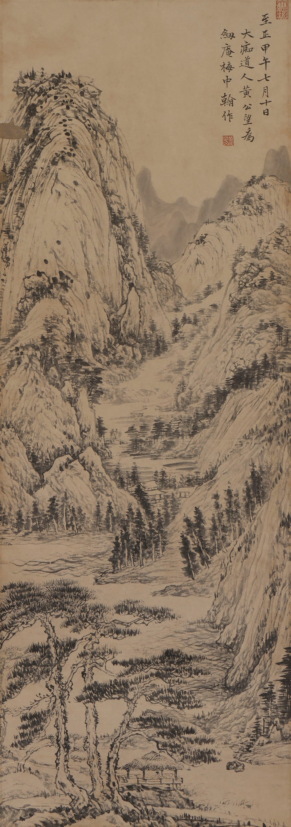 Huang Gongwang - Landscape Painting, Scroll, Ink on Paper: L:93cm W:32cm Elegant landscape painting with clear composition, delicate brushwork and beautiful mountain and river scenery