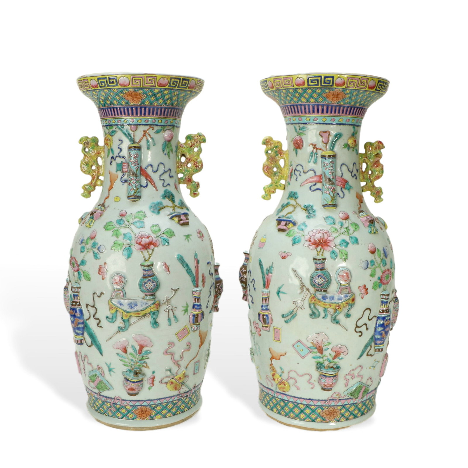 Pair of Famille - rose Vases with Bogu Patterns and Chi - shaped Handles (1 of 6)