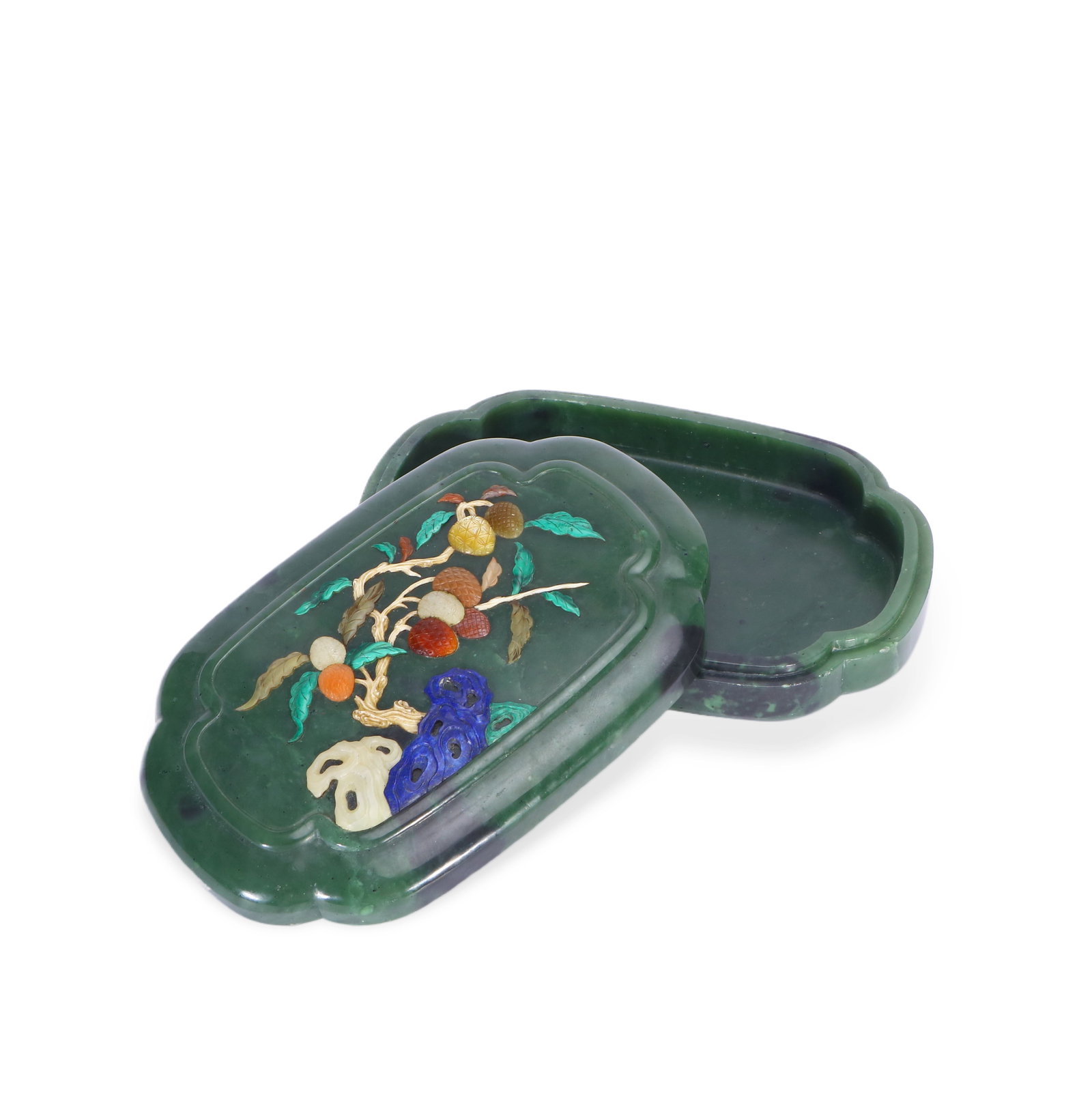 A Fine Qing Spinach Jade Box and Cover with 'Three Abundances' Precious Stone Inlay (1 of 4)