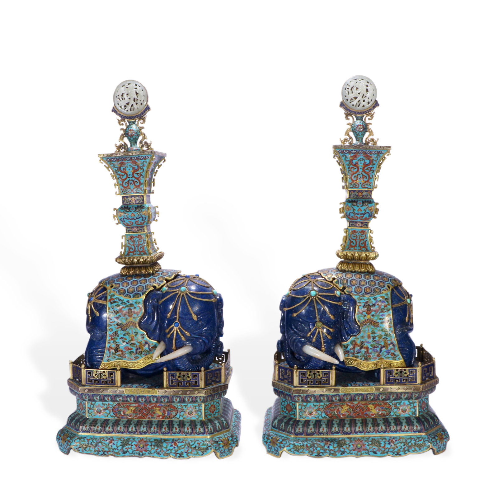 A Fine Pair of Qing Cloisonné Enamel and Lapis Lazuli 'Taiping You Xiang' Ornaments (1 of 6)
