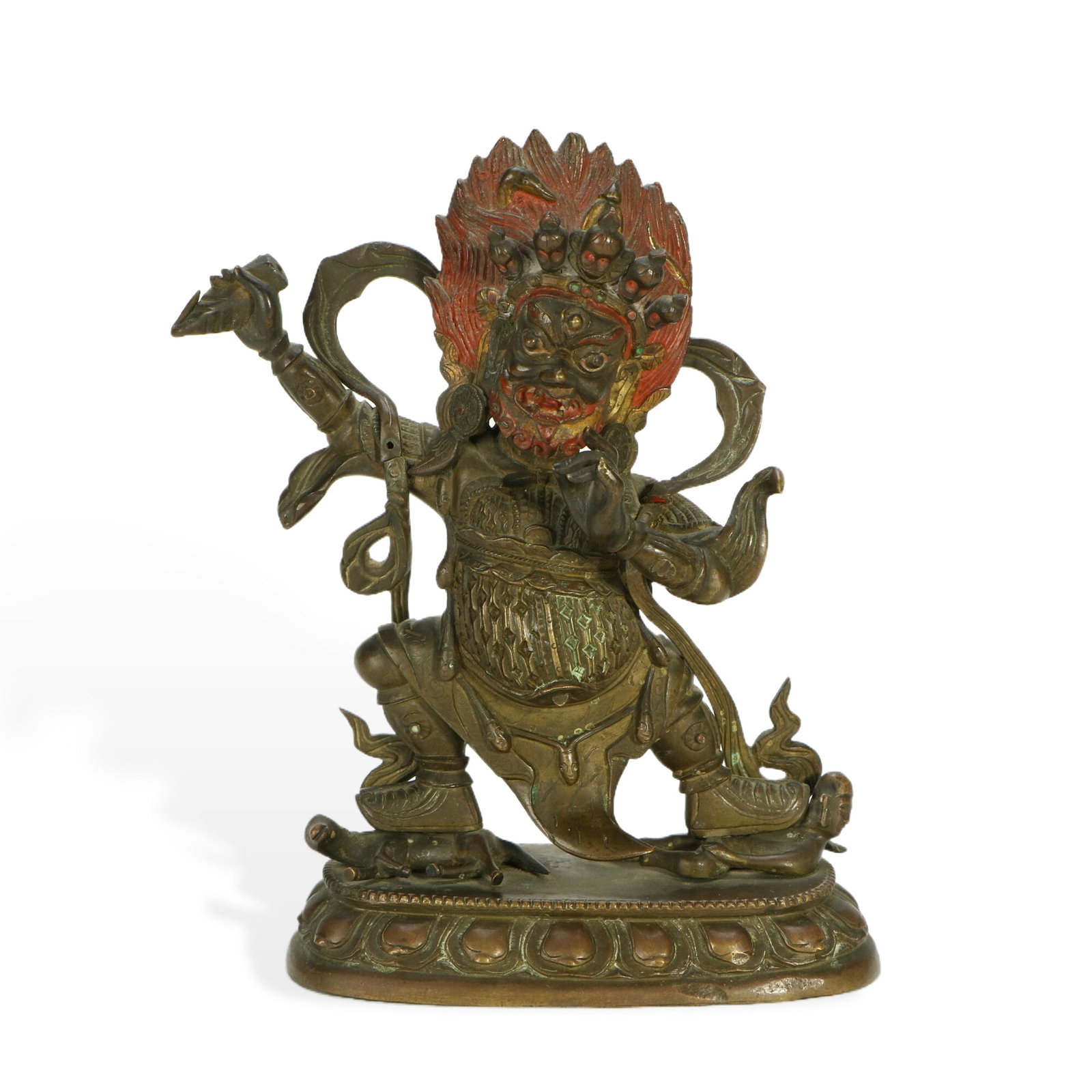 Bronze Figure of Dharma Protector: H:18cm W:12.5cm This is a bronze figure of a Dharma protector. The statue presents the mighty image of the Dharma protector, with a vigorous posture and a daunting expression. Although the