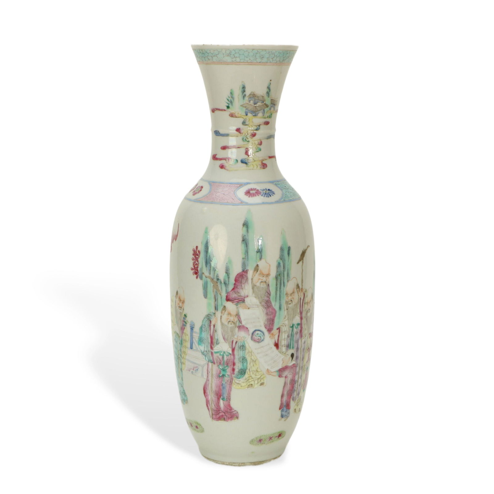 Famille - rose Vase with Figure Patterns: H:37cm W:12cm This is a famille - rose vase with figure patterns. The vase body has a slender and beautiful shape, and the body is delicate. The figure scene is painted with famille - rose technique.
