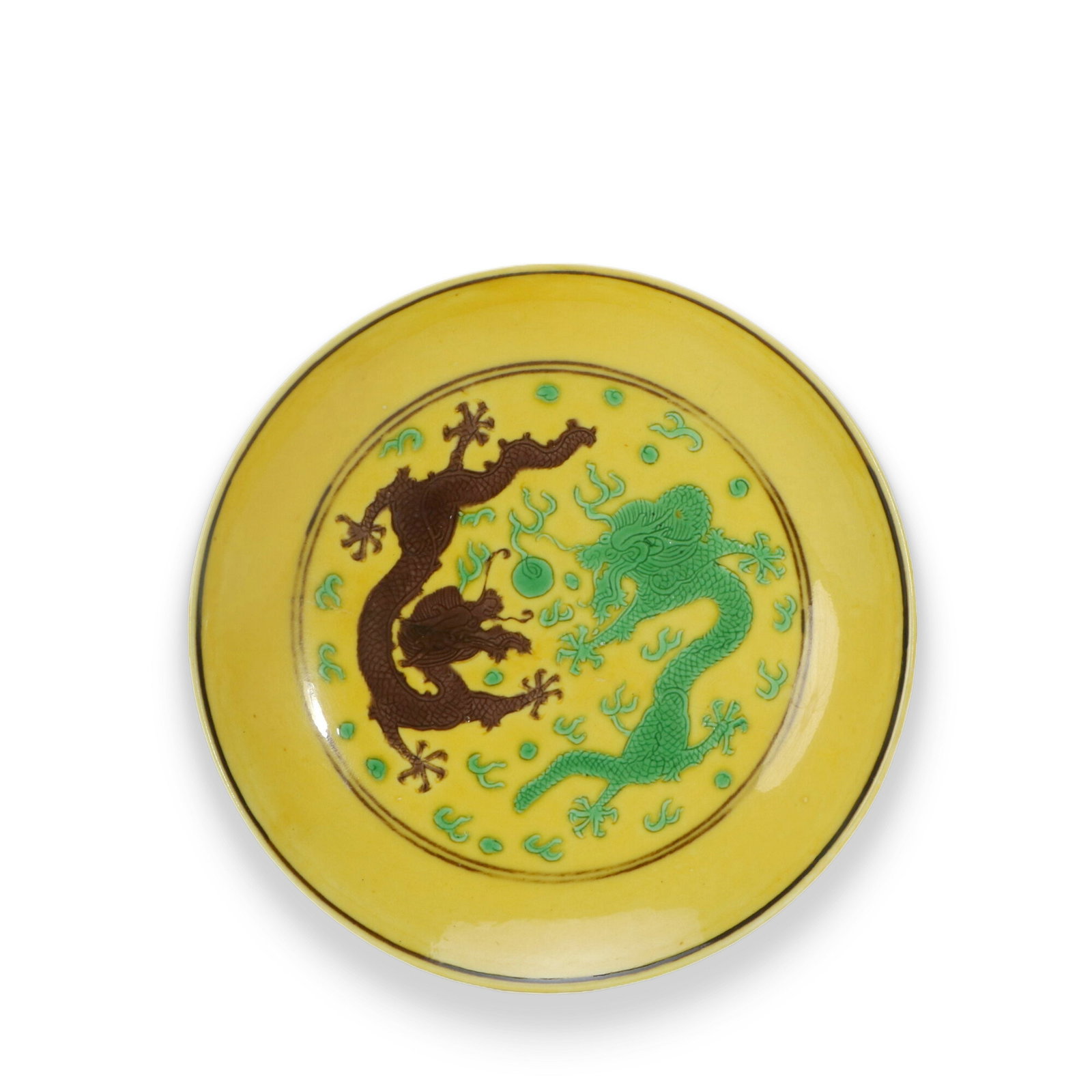 Plain Tricolor Plate with Double Dragons Playing with Pearl Patterns on Yellow Ground (1 of 7)