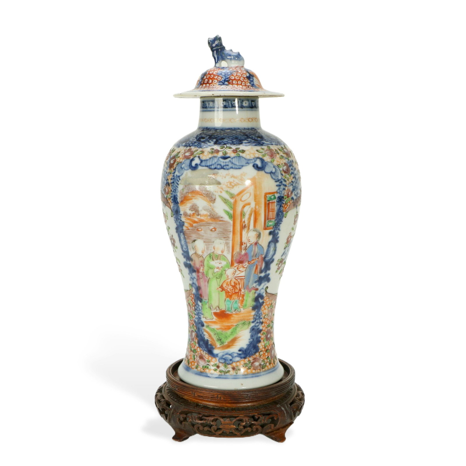 Blue - and - white Wucai Covered Vase with Figure Patterns (with Redwood Stand): H:24cm W:9cm This is a blue - and - white Wucai covered vase with figure patterns, equipped with a redwood stand. The vase has a beautiful shape, and an auspicious beast is molded on the top of the li