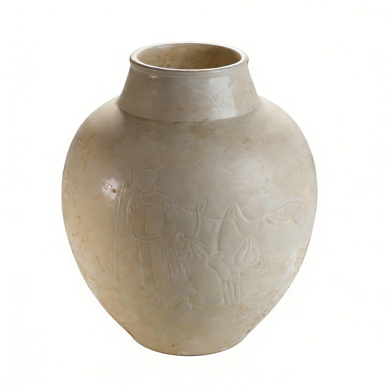 A WHITE-GLAZED JAR WITH CARVED FIGURE PROCESSION SCENE, GONGXIAN KILN, TANG DYNASTY (1 of 9)