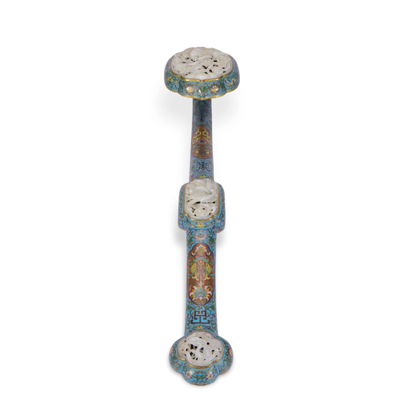 A Fine Qing Cloisonné Enamel Ruyi Sceptre with Three Inset White Jade Plaques (1 of 8)