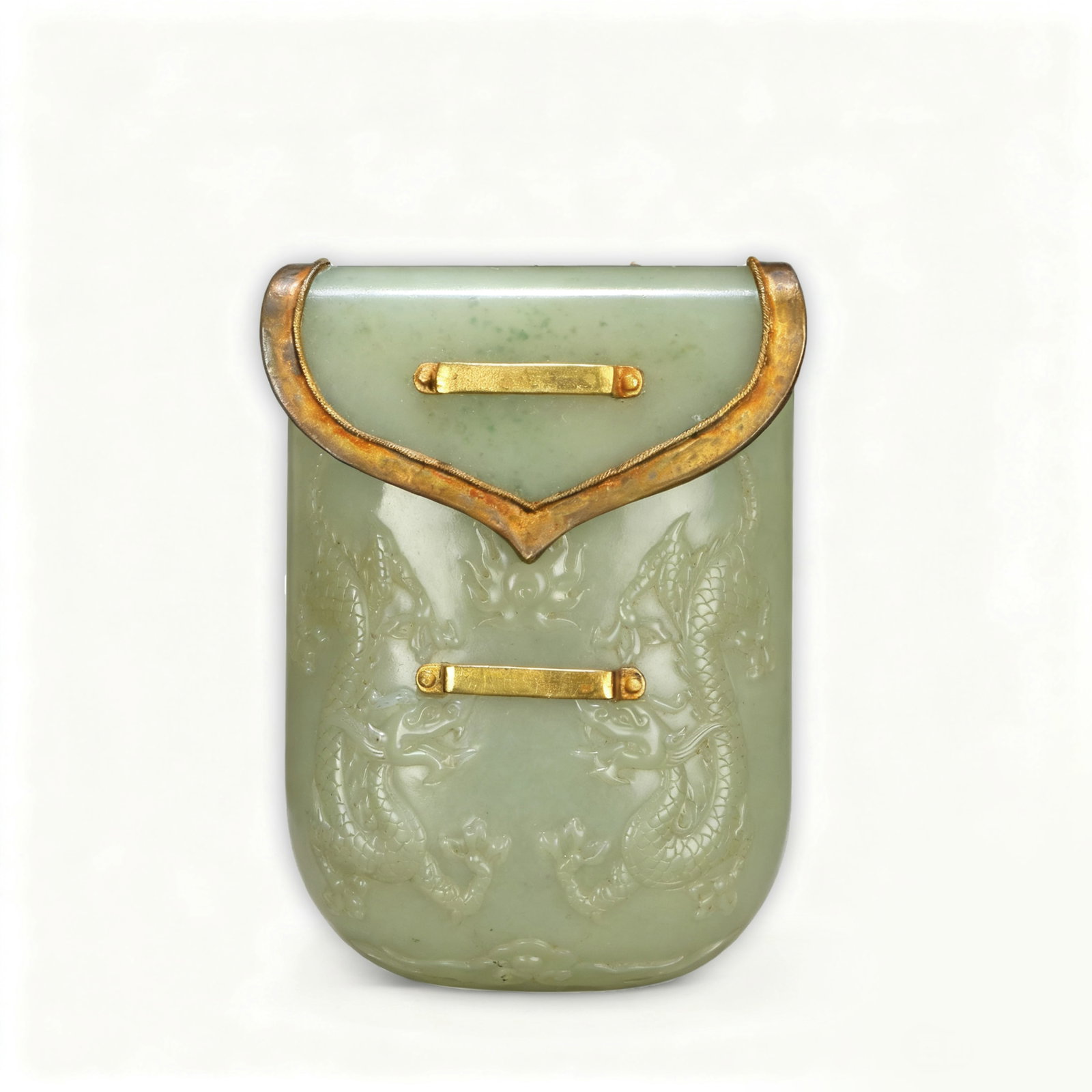 Hetian Jade Gold - inlaid Box with Double Dragon Patterns: H:10cm W:7cm This is a Hetian jade gold - inlaid box with double dragon patterns. The jade is warm and delicate in texture, with a soft color. The box body is carved with a pattern of two dragons play