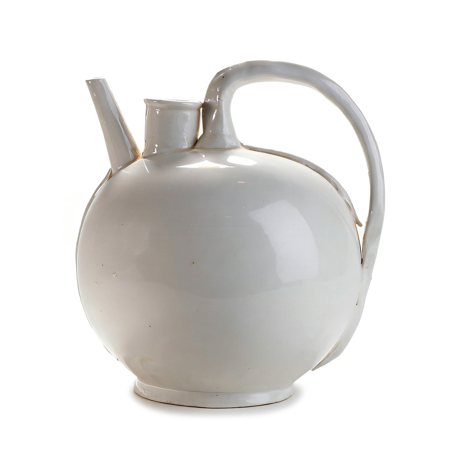 A WHITE-GLAZED PEAR-SHAPED EWER, MING DYNASTY: H?19.5cm W:7.5cm This lot is a white-glazed ewer of the Ming Dynasty, crafted in the classic pear shape. It is fully covered in a uniform, lustrous white glaze with a warm undertone and a soft, subtle