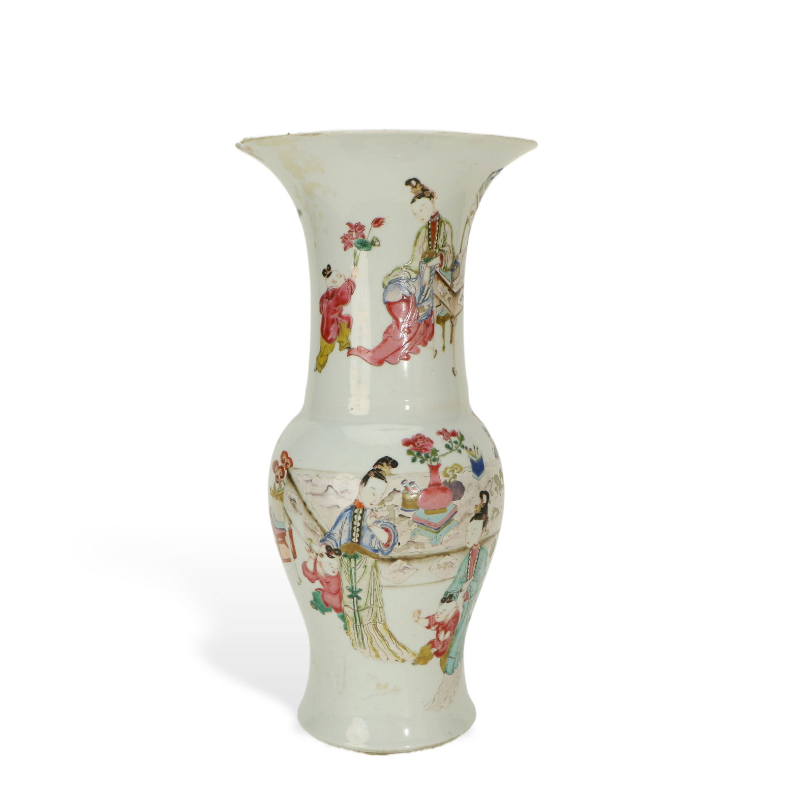 Famille - rose Gu - shaped Vase with Figure Patterns: H:44.5cm W:22cm This is a famille - rose Gu - shaped vase with figure patterns. The Gu - shaped vase has a slender and beautiful shape, and the body is delicate. The figure scene is painted with
