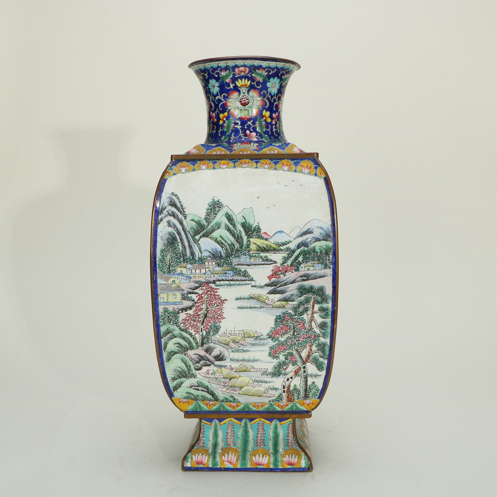 Copper - bodied Painted Enamel Square Vase with Landscape Patterns - 2