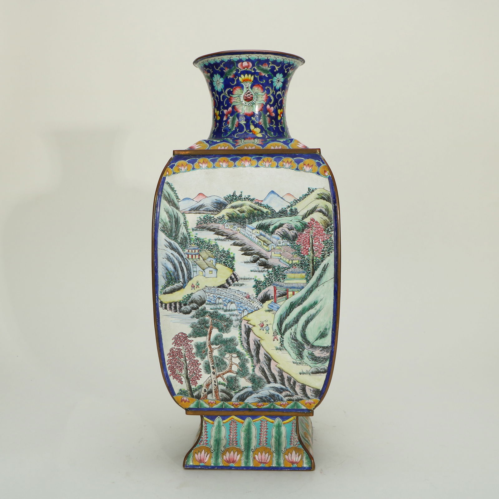 Copper - bodied Painted Enamel Square Vase with Landscape Patterns - 3