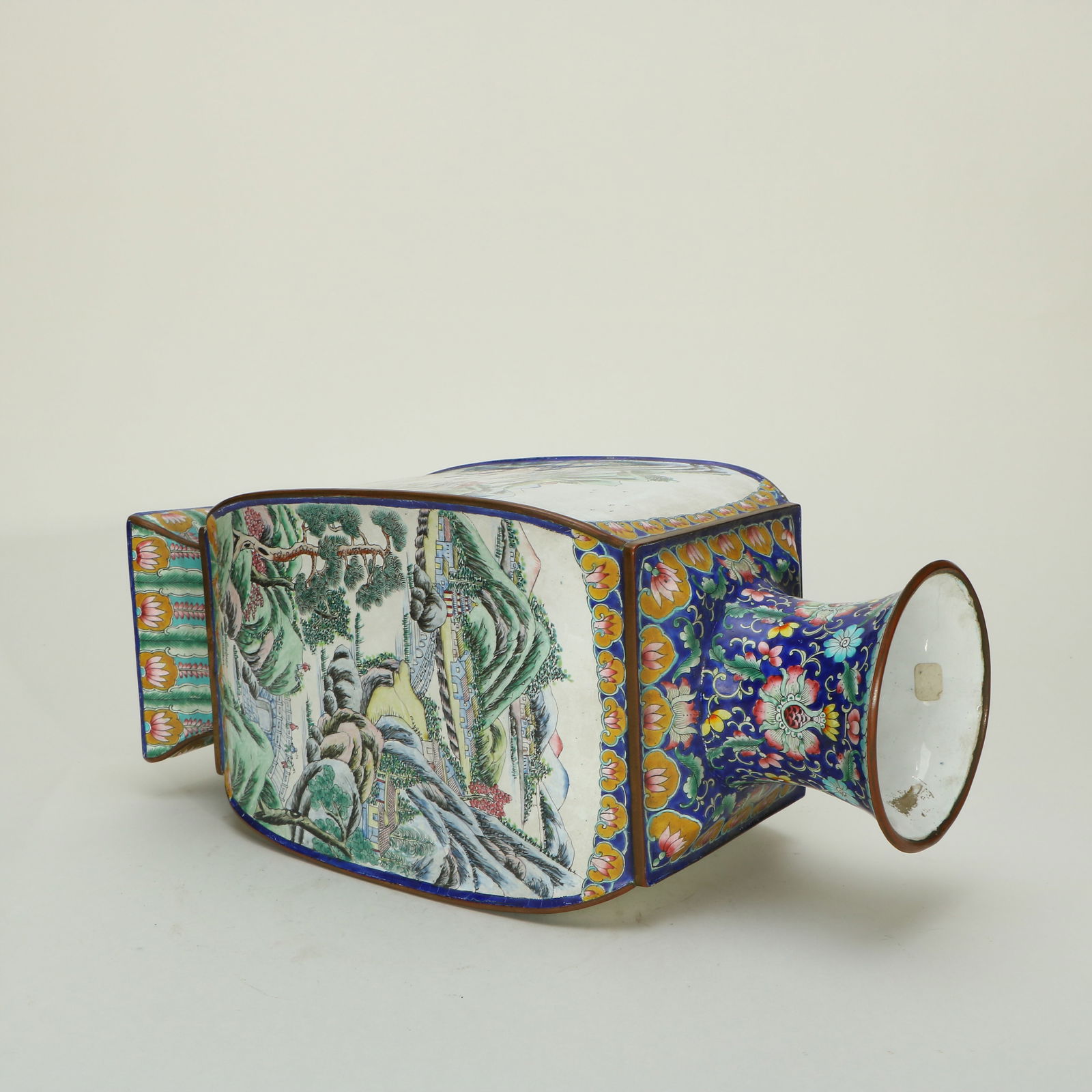 Copper - bodied Painted Enamel Square Vase with Landscape Patterns - 5