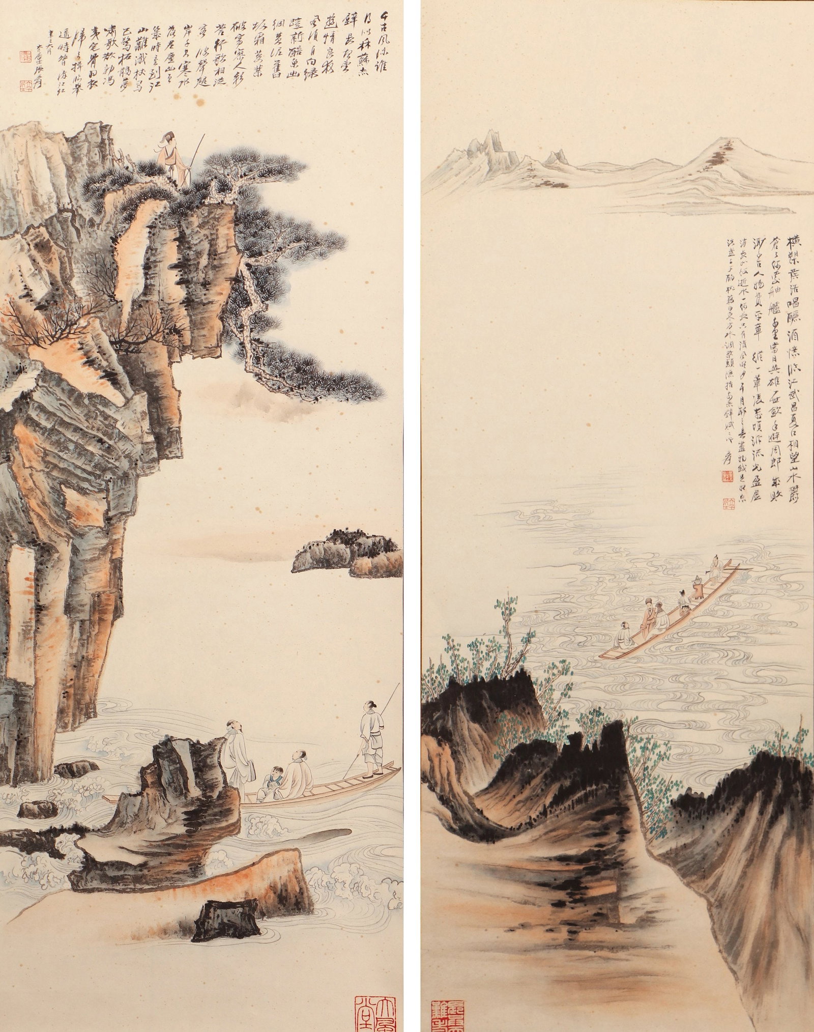 Zhang Daqian - Landscape Painting, Scroll, Ink and Color on Silk: L:110cm W:41cm Magnificent landscape painting with grand composition, bright colors and rich ink layers