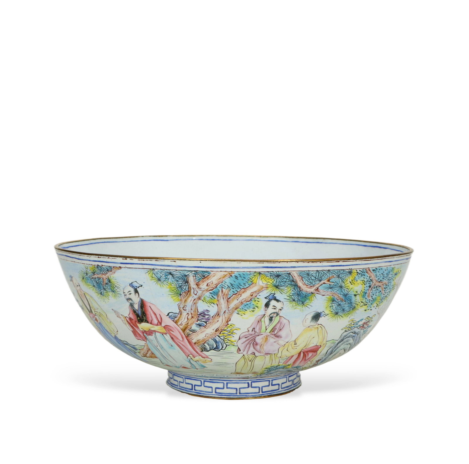 Copper - bodied Painted Enamel Bowl with Figure and Story Patterns: H:7cm W:19.5cm This copper - bodied painted enamel bowl with figure and story patterns is made of copper and crafted using painted enamel technique. The body of the bowl is painted with figure and