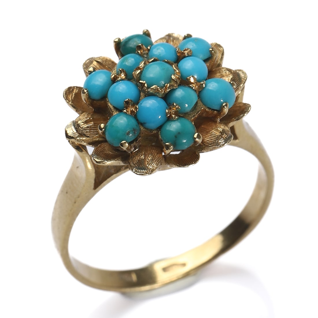 VICTORIAN PERIOD ITALIAN TURQUOISE CLUSTER GOLD RING: Dimensions Inner diameter: 11/16 in (17.6 mm); Ring size: Hong Kong size 16 (US size 7.5); Weight: 5.75 g Description A charming Victorian-period Italian gold ring, dating to circa 1837–1901,
