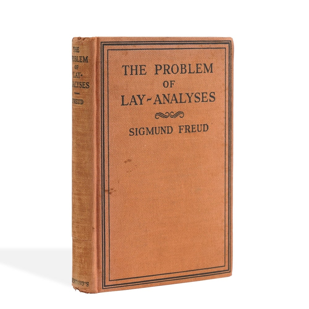 SIGMUND FREUD SIGNED "THE PROBLEM OF LAY-ANALYSES" FIRST EDITION: 7 3/4 x 5 3/8 in (19.7 x 13.8 cm) Provenance and Authentication: This collectible has undergone a rigorous forensic evaluation. The signatures were carefully analyzed across multiple criteria,