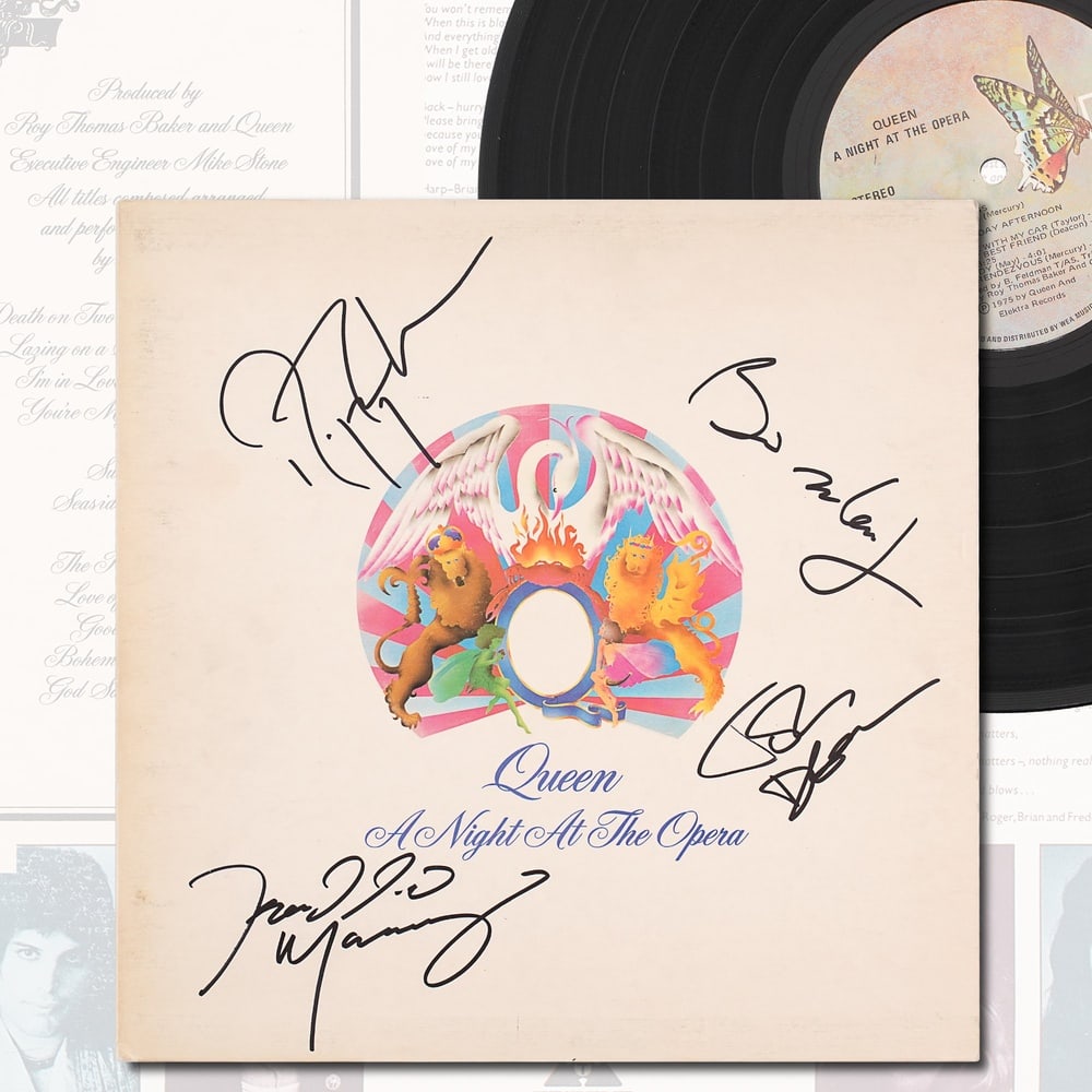 QUEEN FULLY SIGNED "A NIGHT AT THE OPERA" LP: 12 1/4 x 12 1/4 in Provenance and Authentication: This collectible has undergone a rigorous forensic evaluation. The signatures were carefully analyzed across multiple criteria, including ink depositi