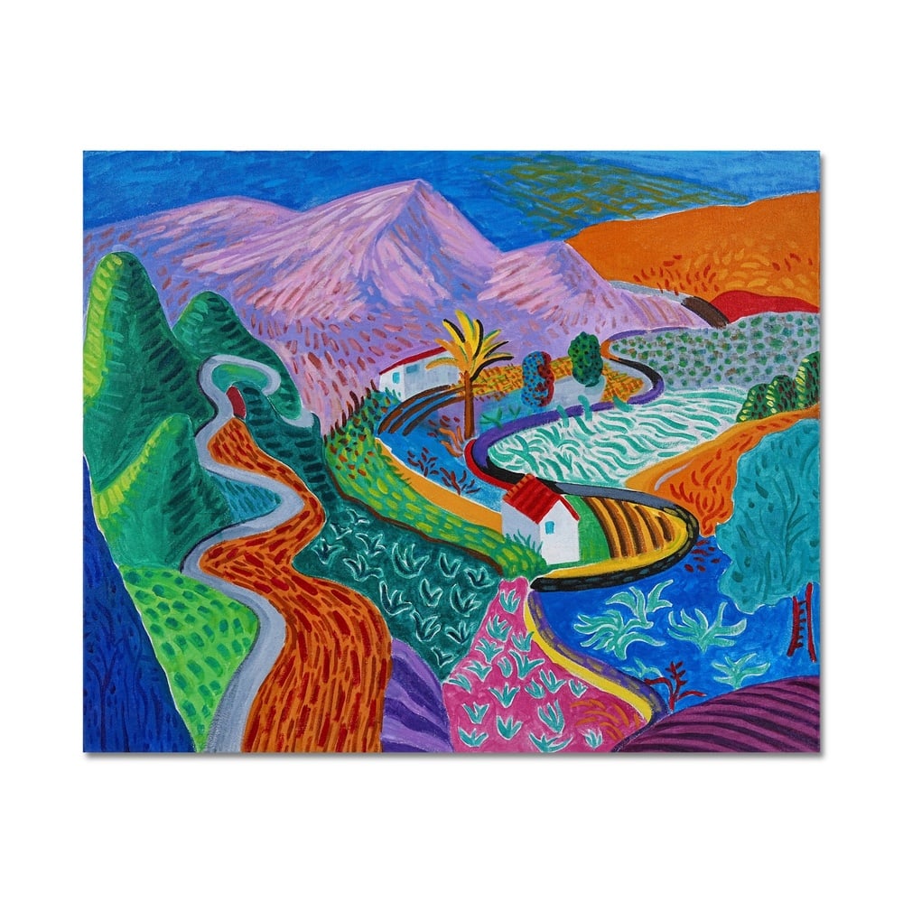 ACRYLIC ON CANVAS, IN THE STYLE OF DAVID HOCKNEY (B.1937): Description Technique: Acrylic On Canvas Visual Description: Image Dimensions: 31 3/4 x 38 3/4 in (80.5 x 98.5 cm) David Hockney, born in 1937 in Bradford, England, is widely regarded as one of the