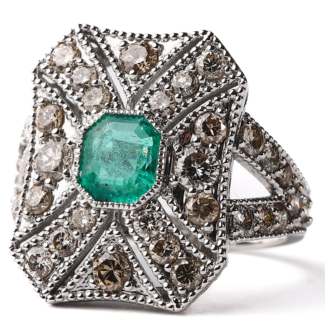 A DIAMOND AND EMERALD RING: Dimensions: Interior diam: 11/16 in. (17 mm); Weight: 6.6 g Description: Featuring an octagonal step-cut vivid green natural emerald from Muzo, Colombia, weighing approximately 6.58 g, set within an