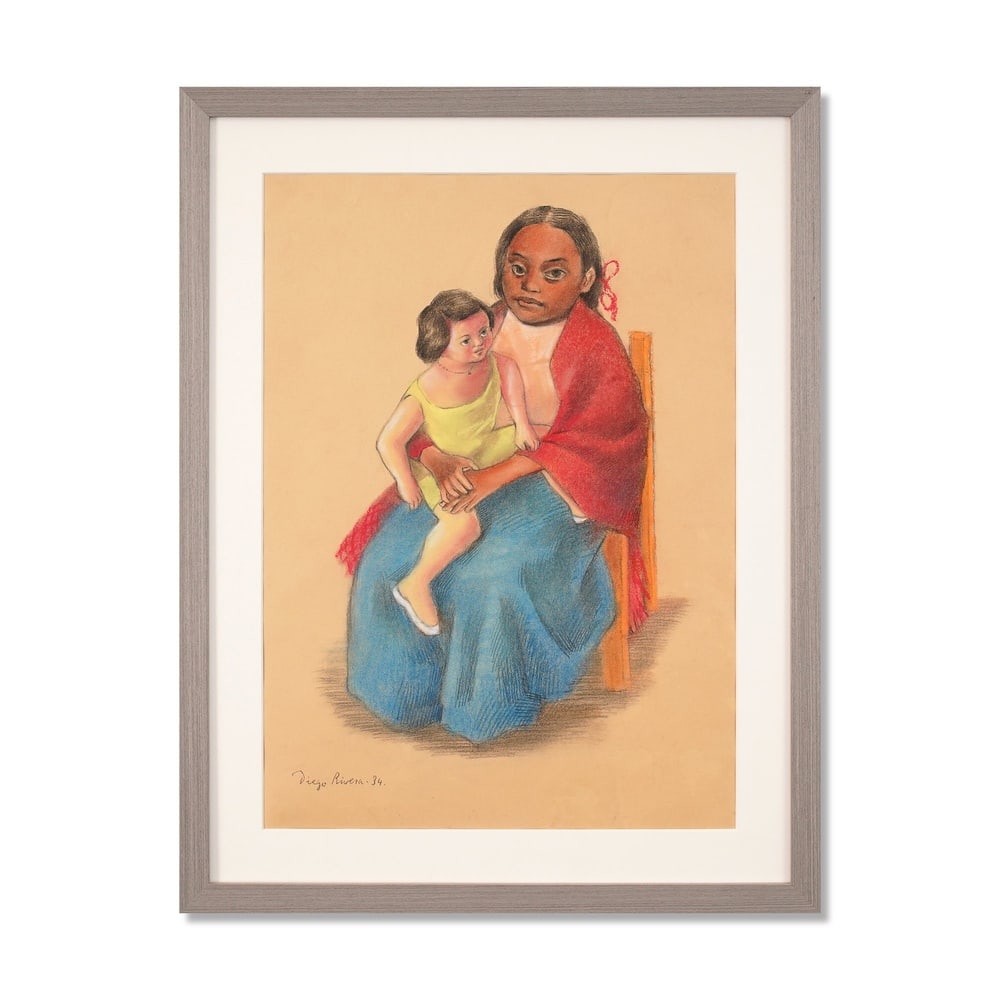 DIEGO RIVERA (1886-1957), CHARCOAL AND CRAYON ON PAPER: Signed (lower left) Image Dimensions: 23 1/8 x 16 3/8 in (58.6 x 41.6 cm) Framed Dimensions: 21 7/8 x 28 1/2 in (55.5 x 72.5 cm) This painting comes with COA. "Campesina con niña" (1934) is a