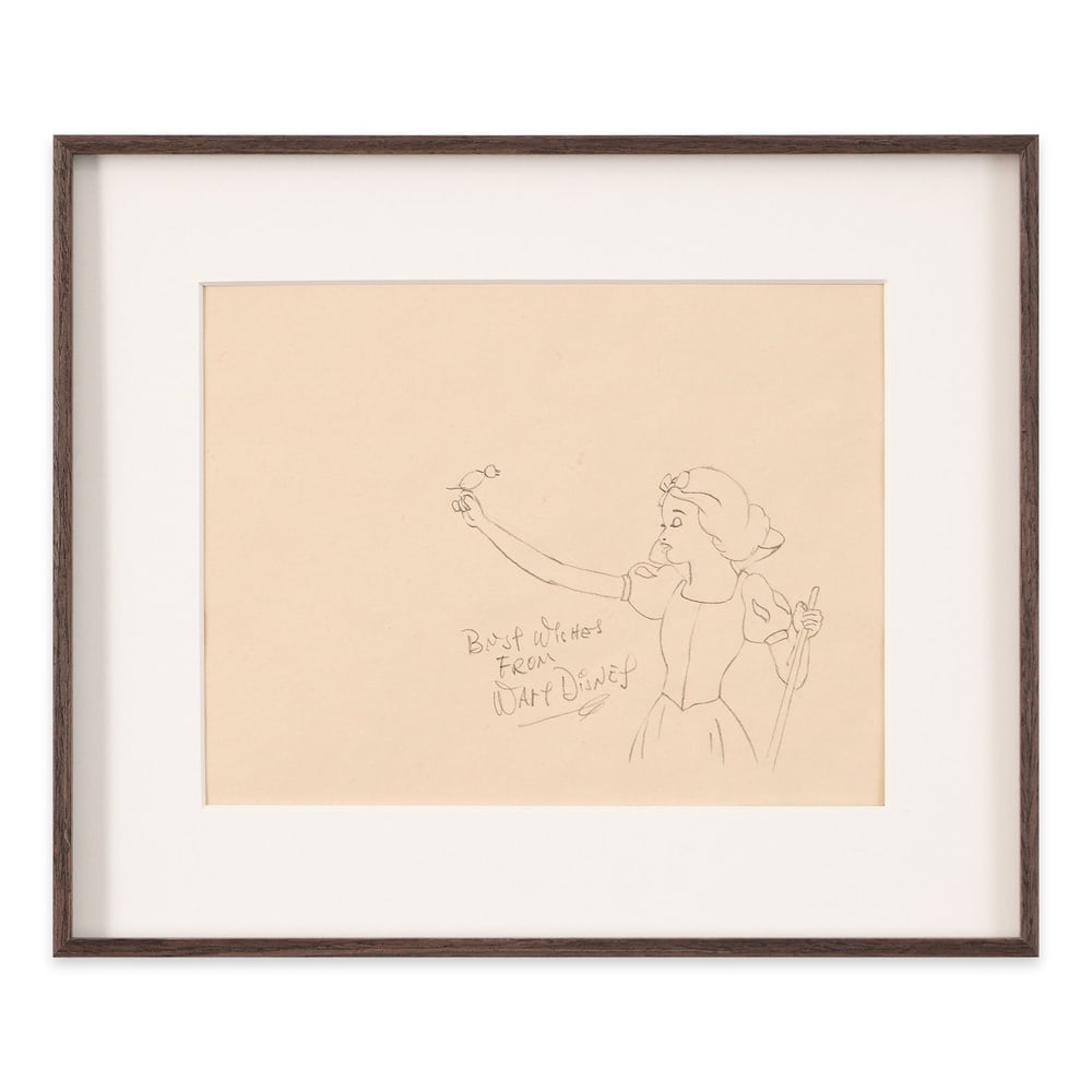 WALT DISNEY SIGNED SNOW WHITE SKETCH: Image Dimensions: 9 5/8 x 7 3/8 in (24.6 x 18.8 cm) Framed Dimensions: 14 1/8 x 11 3/4 in (36 x 30 cm) Provenance and Authentication: This collectible has undergone a rigorous forensic evaluation.