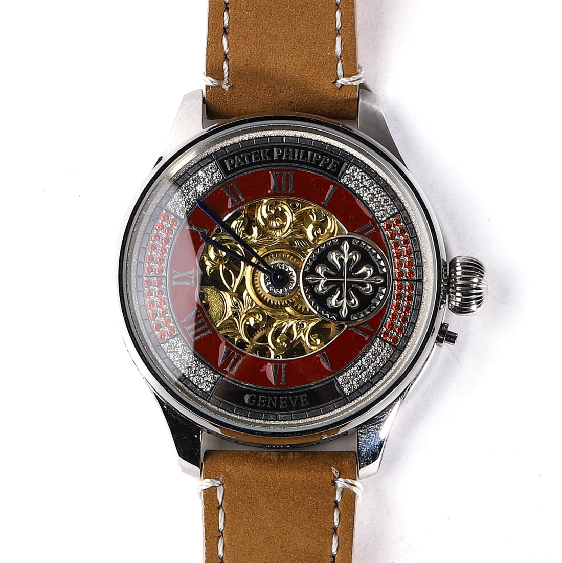 PATEK PHILIPPE SKELETONIZED MECHANICAL WRISTWATCH.: Length: 10 1/4 in (26 cm); Dial diameter: 1 3/4 in (4.3 cm). This exquisite timepiece features a striking open dial design that showcases a gold-toned intricate movement, framed by a red Roman