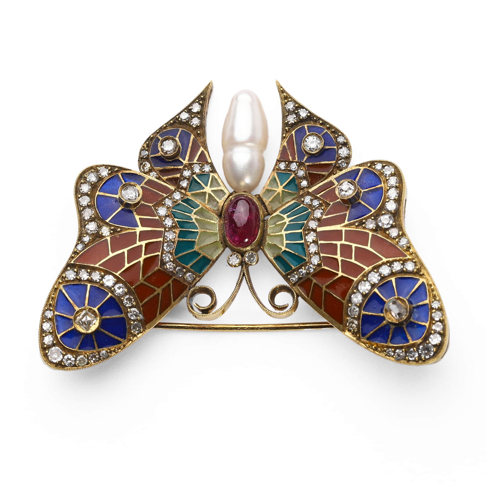 AN ITALIAN ART NOUVEAU HIGH-KARAT GOLD, PIERCED ENAMEL, RUBY, PEARL AND DIAMOND BUTTERFLY BROOCH,: Dimensions Length: 2 1/16 in. (53 mm); Width: 1 5/8 in. (41 mm); Weight: 16.2 g Description Finely handcrafted in high-karat gold, this aristocratic commission from the Art Nouveau period