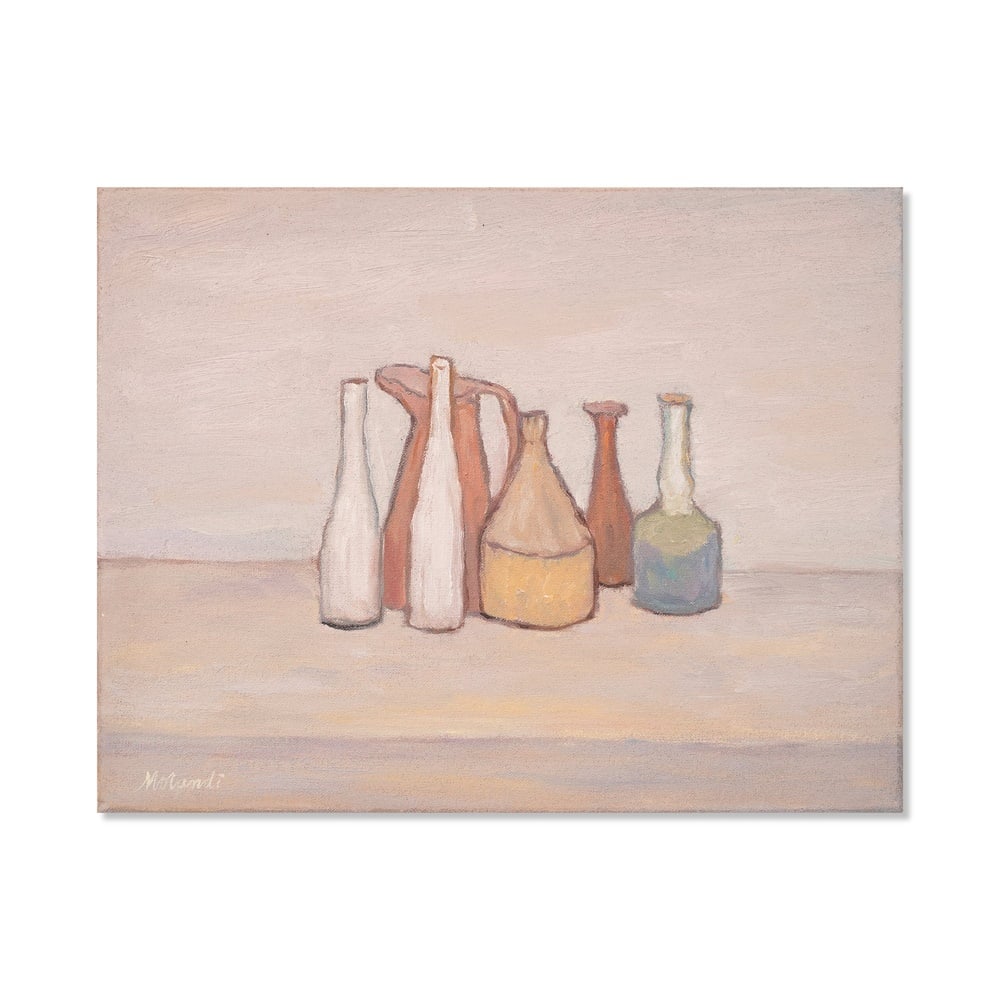 OIL ON CANVAS, IN THE STYLE OF GIORGIO MORANDI (1890-1964): Description Technique: Oil On Canvas Visual Description: Image Dimensions: 20 7/8 x 16 1/8 in (53 x 41 cm) "Natura Morta" (1952) is a timeless example of Giorgio Morandi's mastery in still life