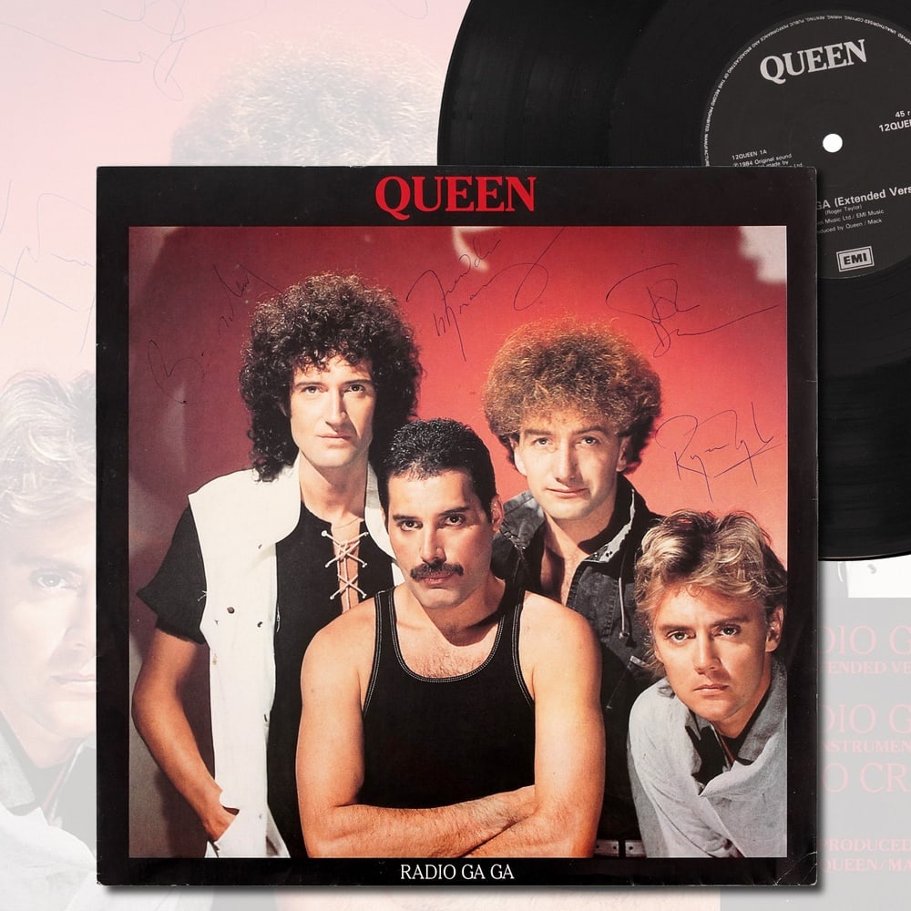 QUEEN FULLY SIGNED "RADIO GA GA" LP: 12 1/4 x 12 1/4 in Provenance and Authentication: This collectible has undergone a rigorous forensic evaluation. The signatures were carefully analyzed across multiple criteria, including ink depositi