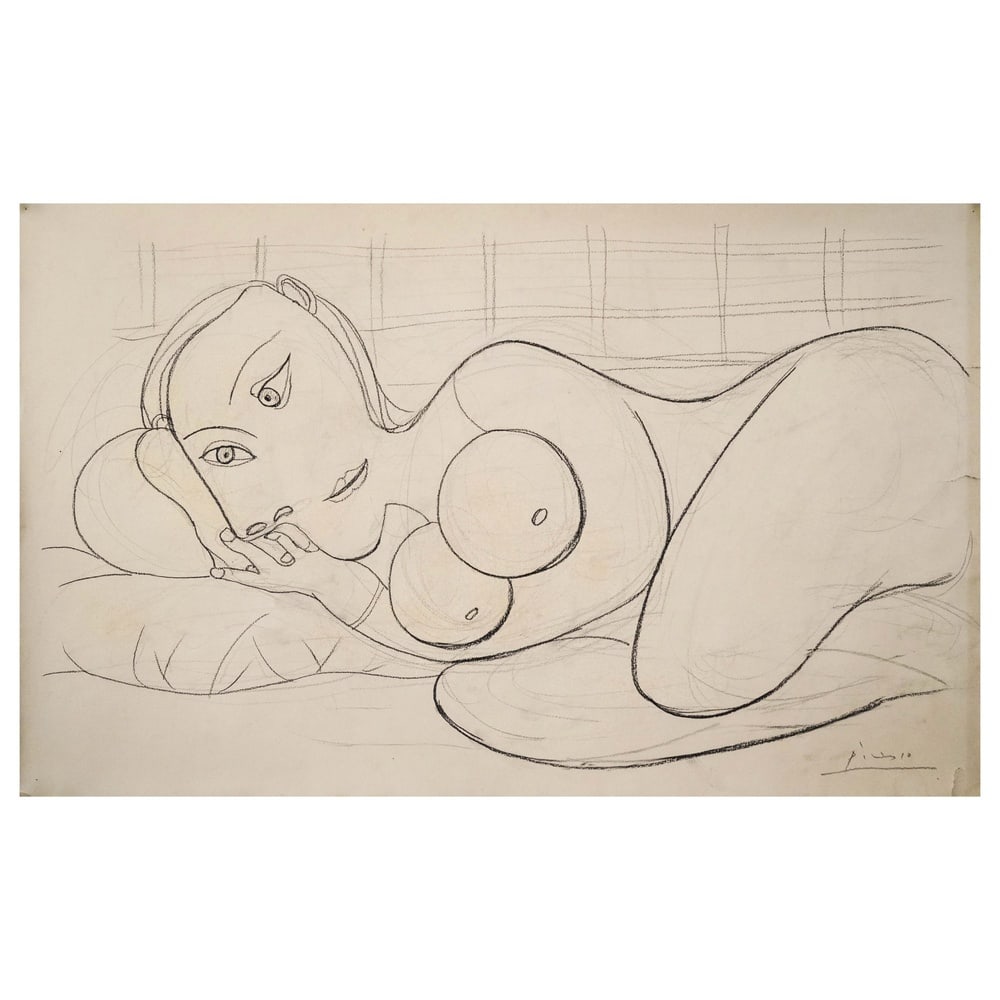 PENCIL ON PAPER,IN THE STYLE OF PABLO PICASSO (1981-1973): PENCIL ON PAPER,IN THE STYLE OF PABLO PICASSO (1981-1973) Visual Description: Image Dimensions: 29 3/8 x 18 1/8 in (74.5 x 46 cm) Signed (lower right) This painting comes with COA. This elegant
